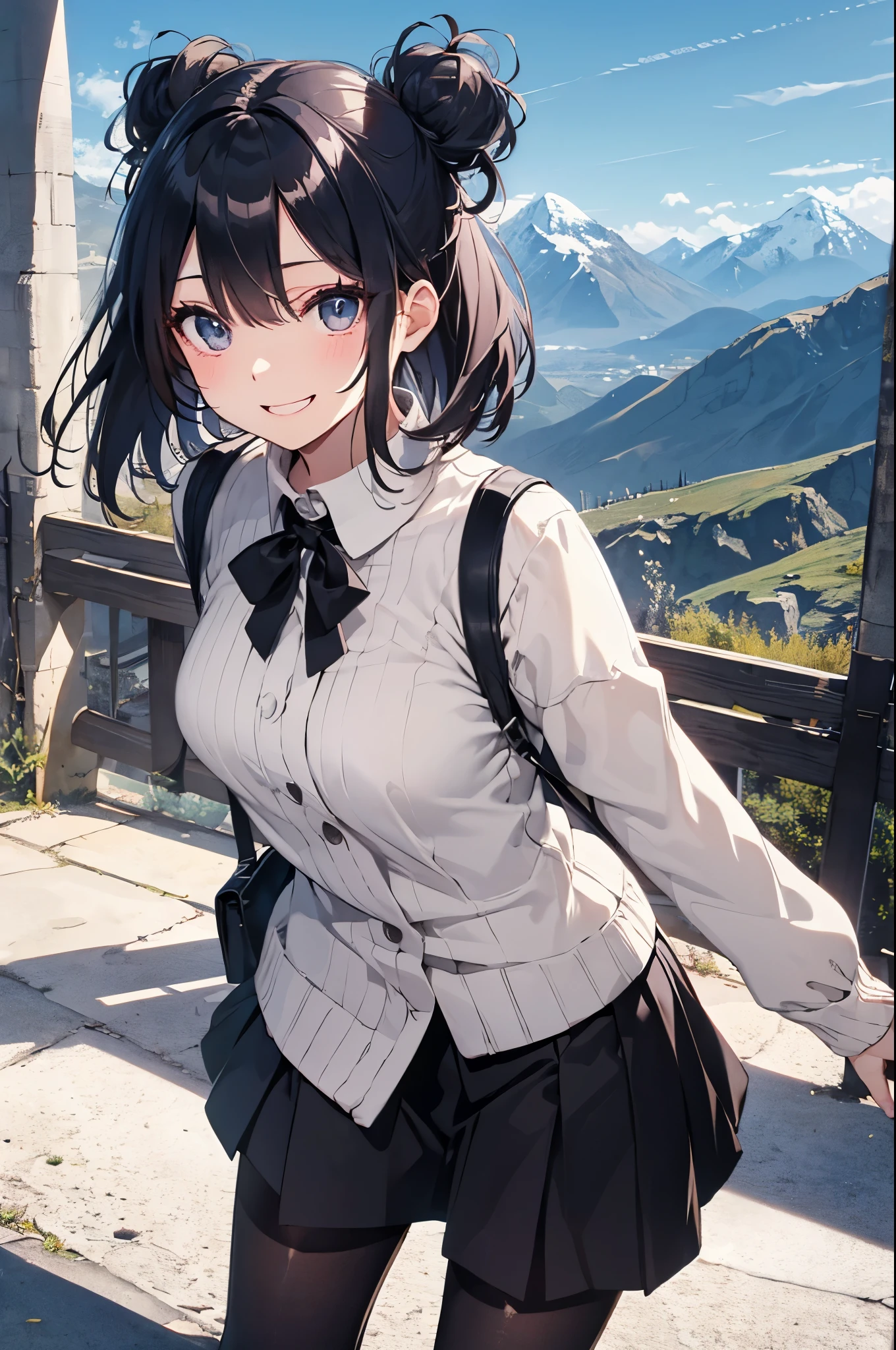 （Pretty sister:1.3）、long eyelashes、happy face,spring atmosphere、noon、aggressive、hot、((strong wind))、black pantyhose、shining eyes、(beautiful mountains)