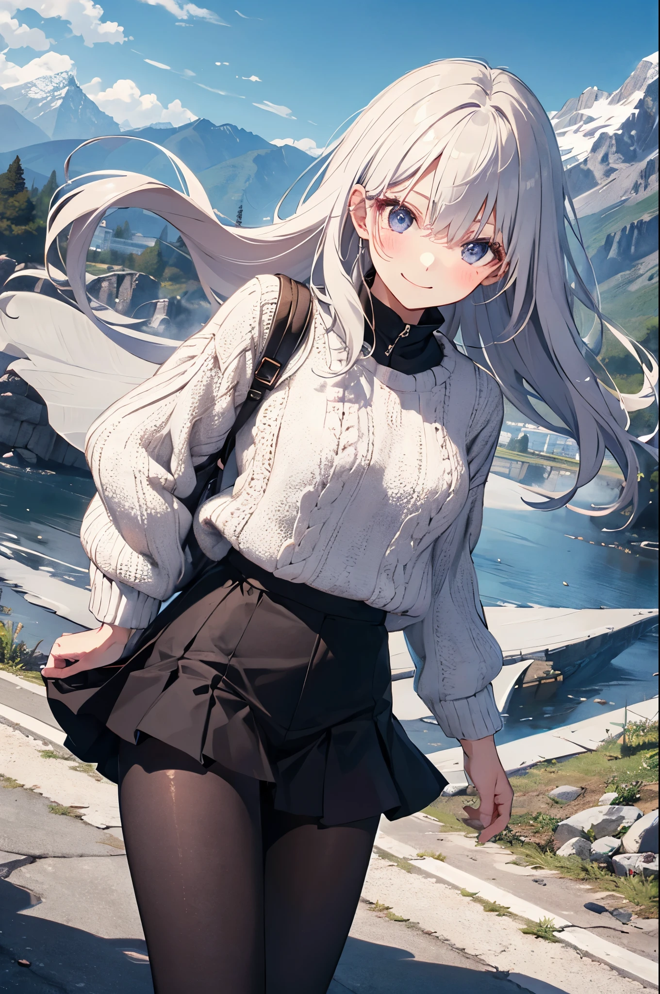 （Pretty sister:1.3）、long eyelashes、happy face,spring atmosphere、noon、aggressive、hot、((strong wind))、black pantyhose、shining eyes、(beautiful mountains)