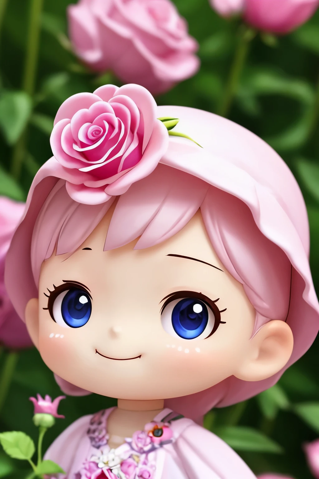 Chibi girl smelling the scent of rose flowers、Jewel-like eyes、Take a super close-up shot of lips from the side、smile