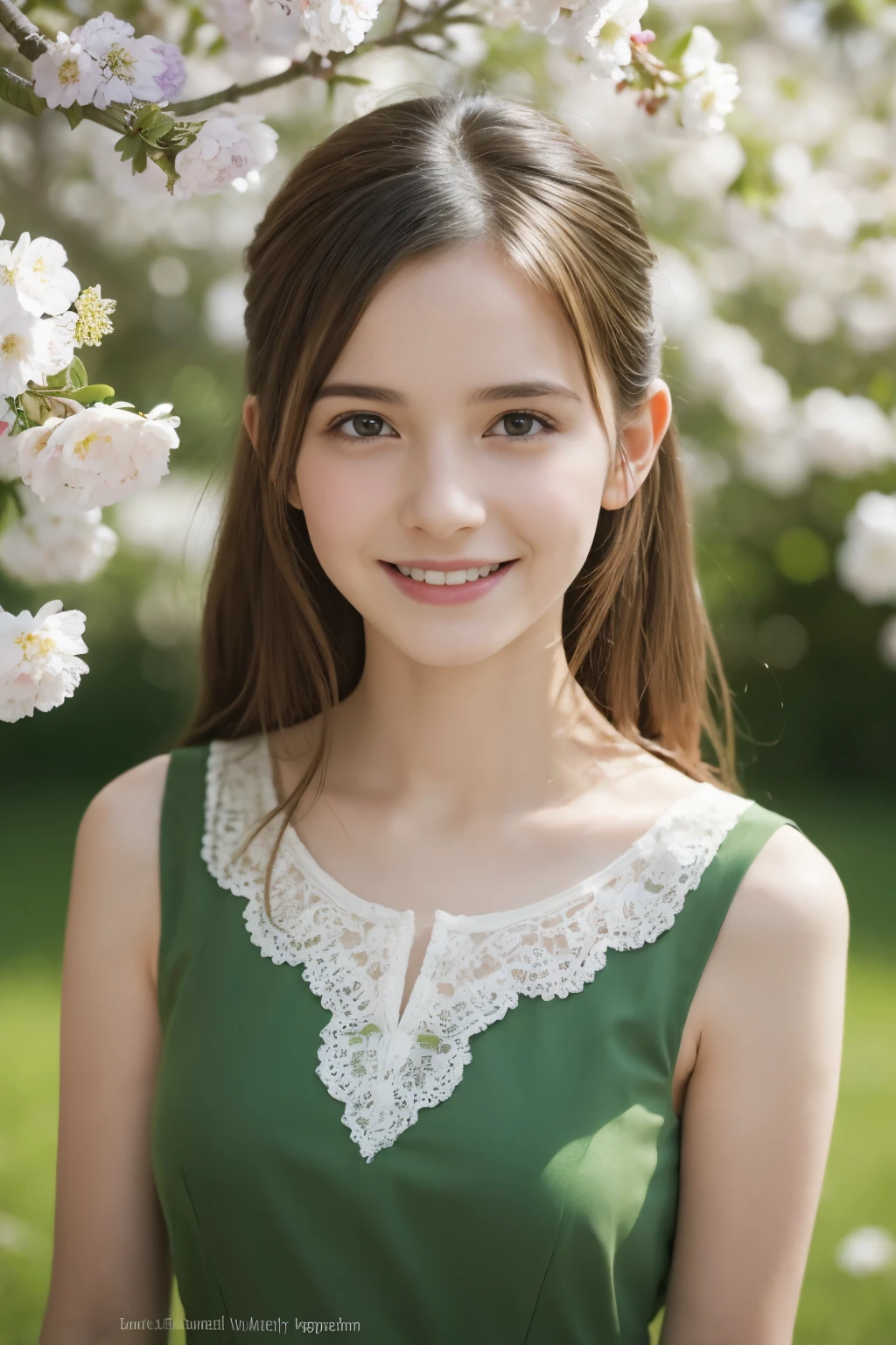 Masterpiece, Best quality, 8k, 18 ans, Photo brute, absurdes, Award-winning portrait, sourire, sourire, pure, french, elegant vibrant green dress, spring, orchard in bloom, laces, famous singer, cute, fit, healthy, lovely, posing