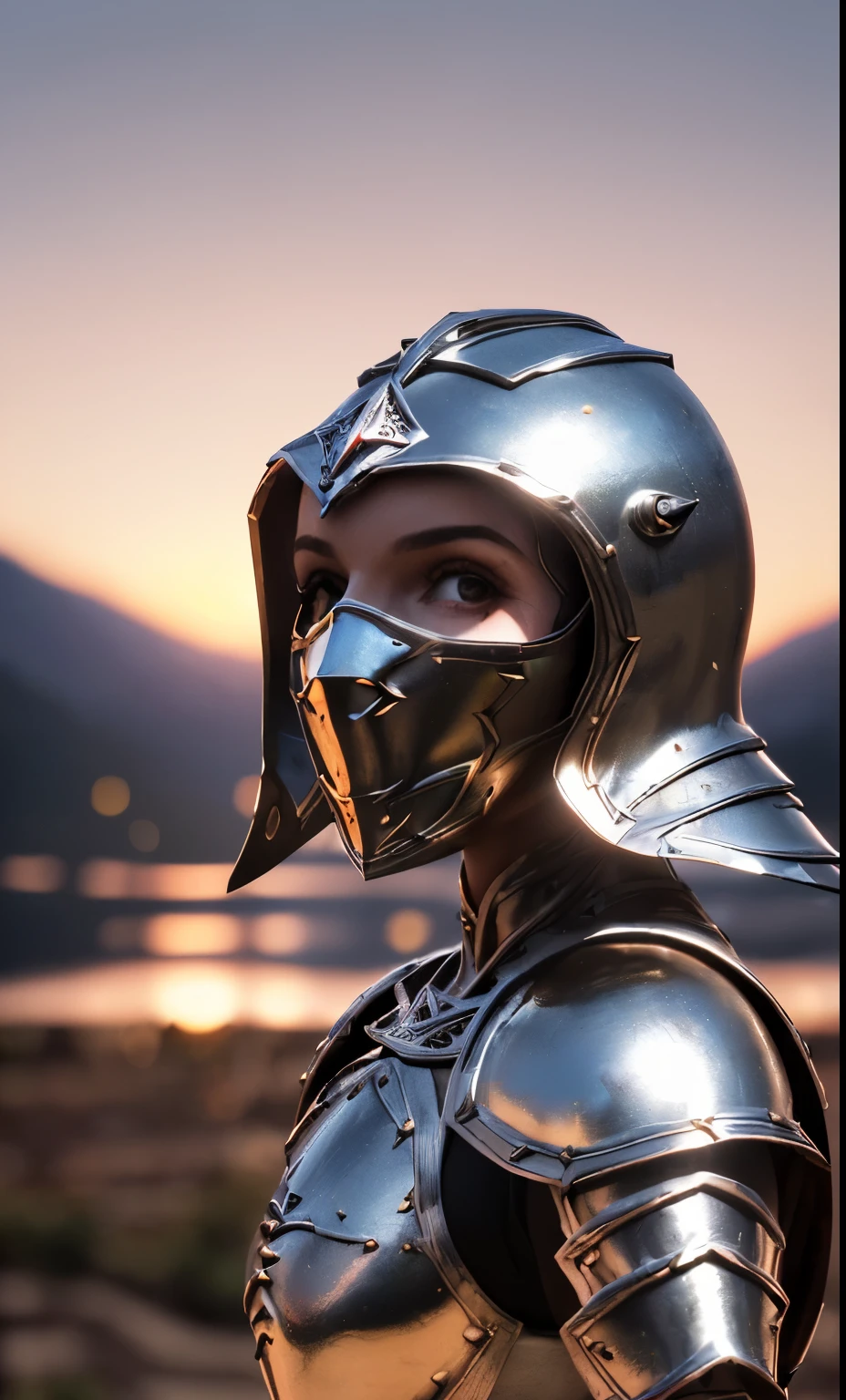 (obra de arte), (extremamente complexo:1.3), (Realista), retrato de uma , a mais bonita do mundo, (armadura medieval), metallic reflections, tronco, ao ar livre, luz solar intensa, castelo distante, fotografia profissional de uma mulher deslumbrante detalhada, sharp focus, Dramatic, premiado, Cinematic lighting, octano render motor irreal, volumetric dtx, (film grain, fundo desfocado, primeiro plano desfocado, bokeh, profundidade de campo, sunset, desfoque de movimento:1.3), cota de malha