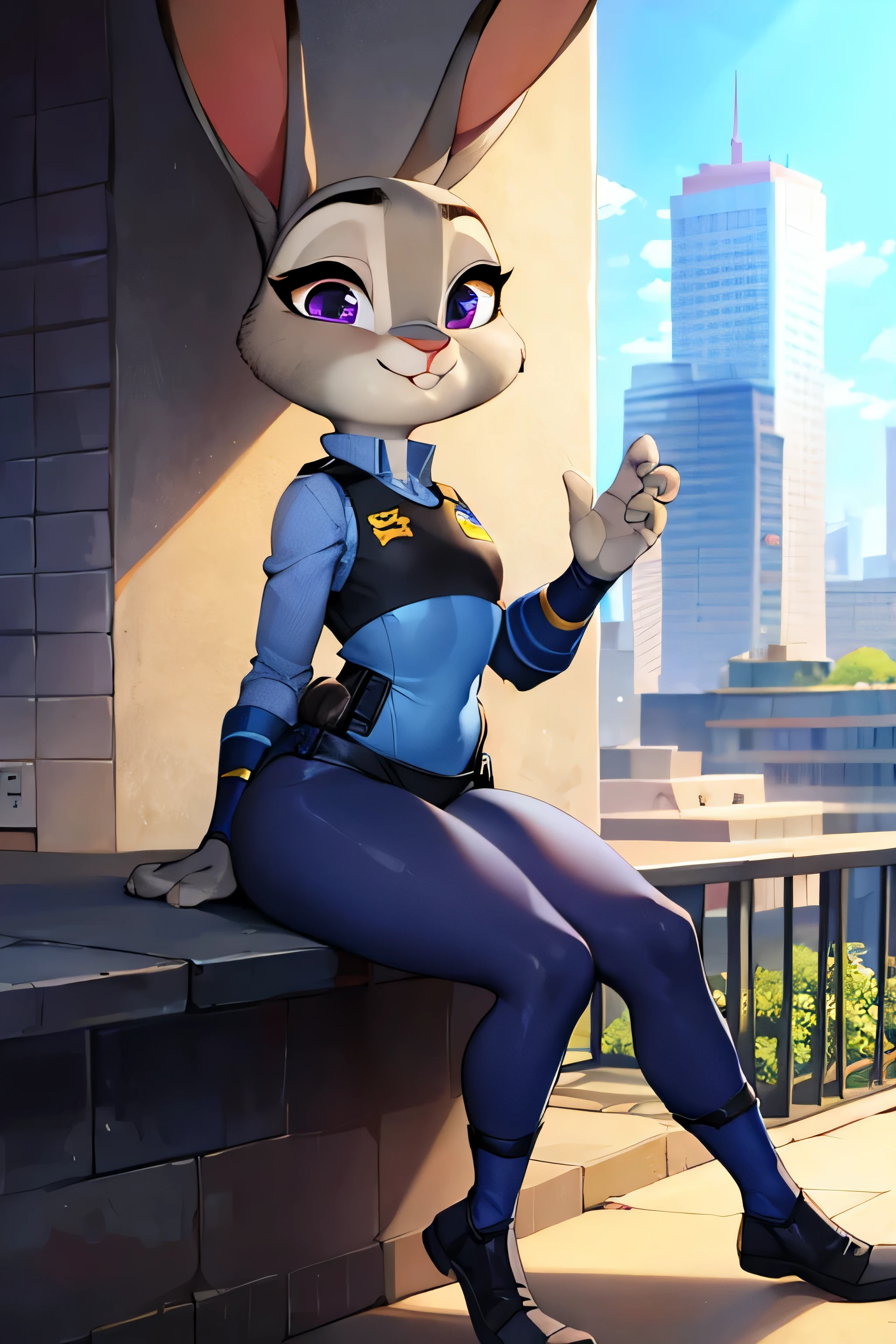 best quality, masterpiece, solo, 1girl, JudyHopps, police uniform,City, modern city, no pants, kid judy, 