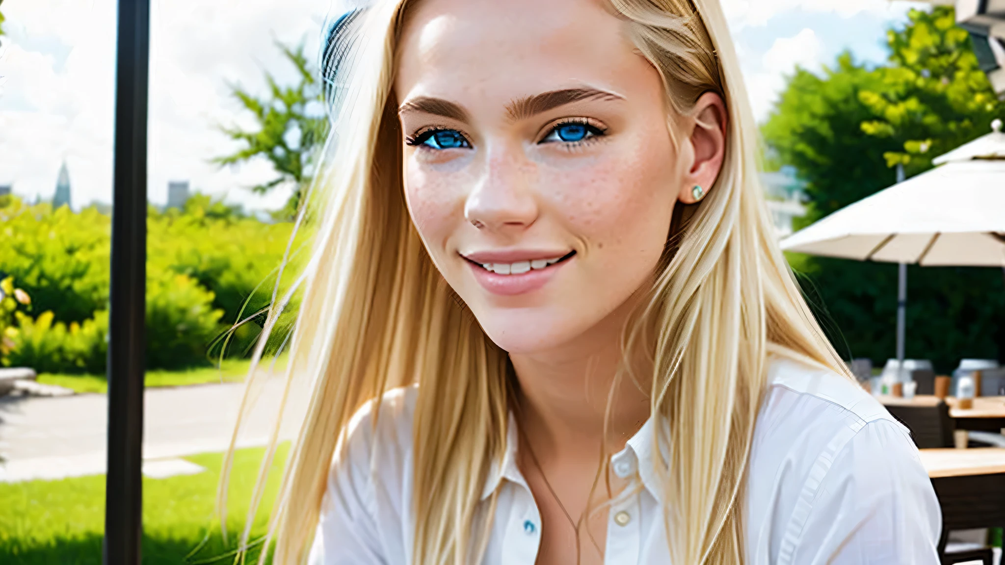 eating at a classy upscale restaurant, full body shot, ((best quality)), ((masterpiece)), (detailed), perfect face blond woman with freckled hair and blue eyes smiling, light freckles, more freckles