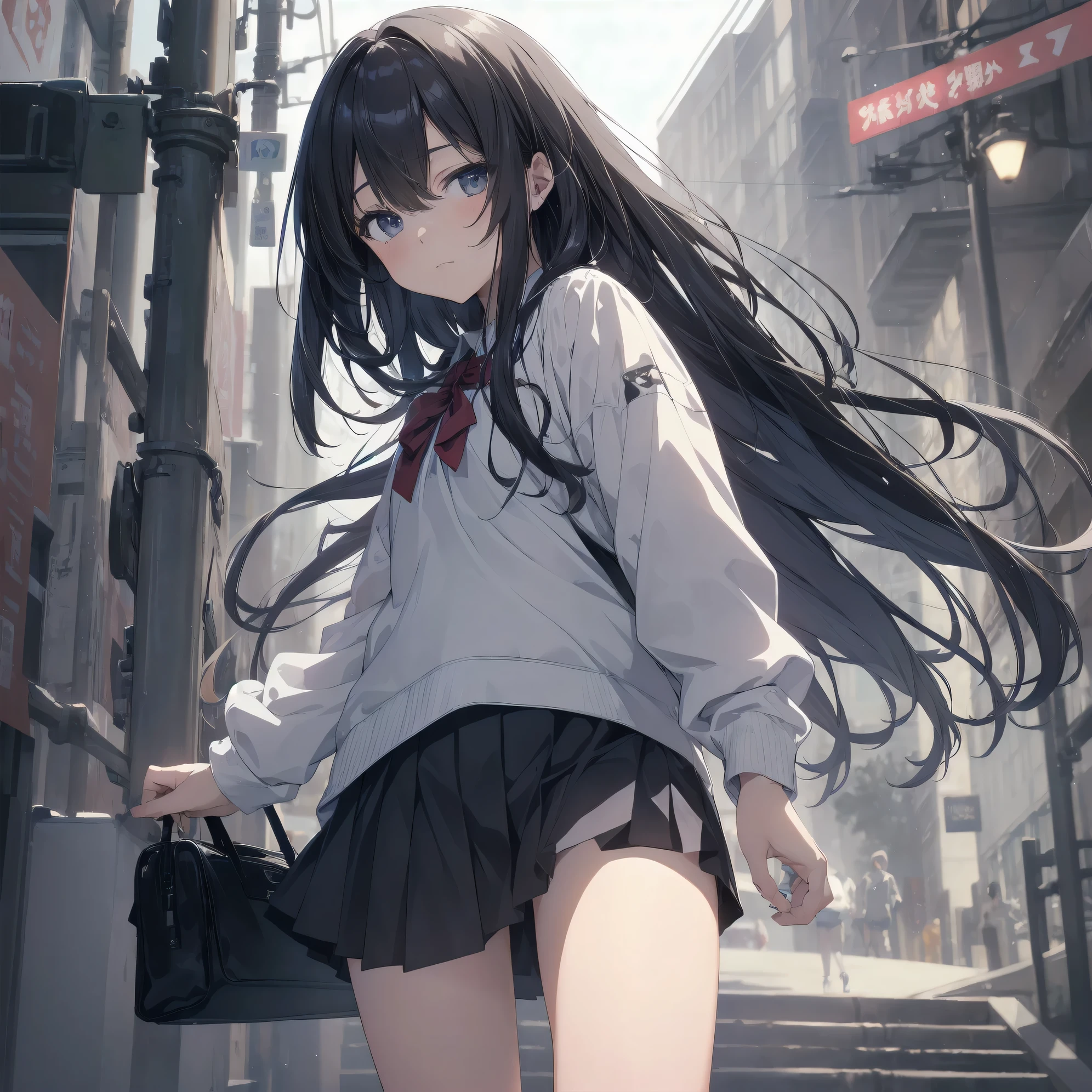 Super absurd quality by the god of art, super detailed, High resolution, ((artist:dark black,)) artist:Rinzo, artist:shinkai makoto, anime moe art style, Best Anime 8K Kona-chan Wallpaper, pixiv contest winner, perfect anatomy, break,(眠そうにalone学校へ行く女の子を描いてください. )break,1 girl, (alone,little woman, baby face, 13 years old:1.3),All limbs, full finger,, The charm of an immature body, (very_short hair), bangs, small ass, between legs, small black eyes, detailed and beautiful eyes, expressive eyes, sleepy eyes, High resolutionの詳細な髪, neck ribbon, skirt, collared shirt, pleated skirt, school uniform, school bag,(detailed lighting), (detailed background), On the way to school. break,super dense skin, Best cinematic lighting powered by famous artist, 8k,collaboration illustration,photoshop_(Moderate),Absurd Hi-Res,Hmm,rough skin