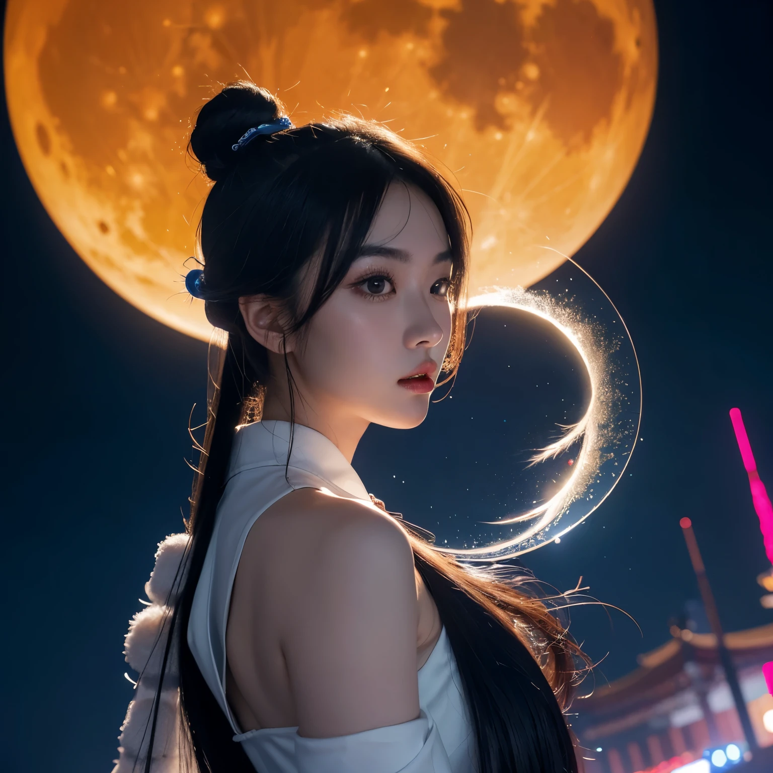chang e，Chinese moon girl,Chinese moon goddness,Laurel，Moon，The light is depicted in detail，oc rendered，high qulity，tmasterpiece，Hyper-realistic，Ultra photo realsisim，8K，supene，ultra - detailed，Ultra-wide angle of view，dynamic viewing angle,cyber punk style,futurelistic
