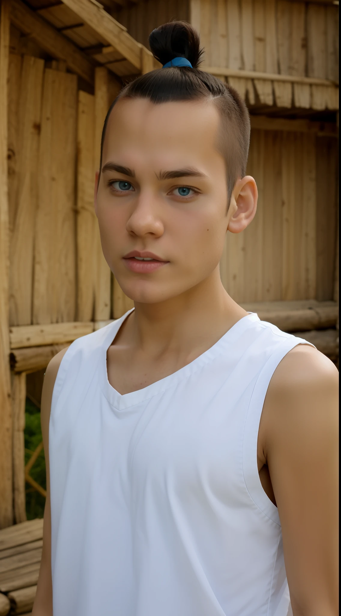 masterpiece, best quality, photorealistic, 1boy, solo, male focus, looking at viewer, upper body, , anime coloring, , sokka_avatar, brown hair, blue eyes, topknot, , , fairytale,