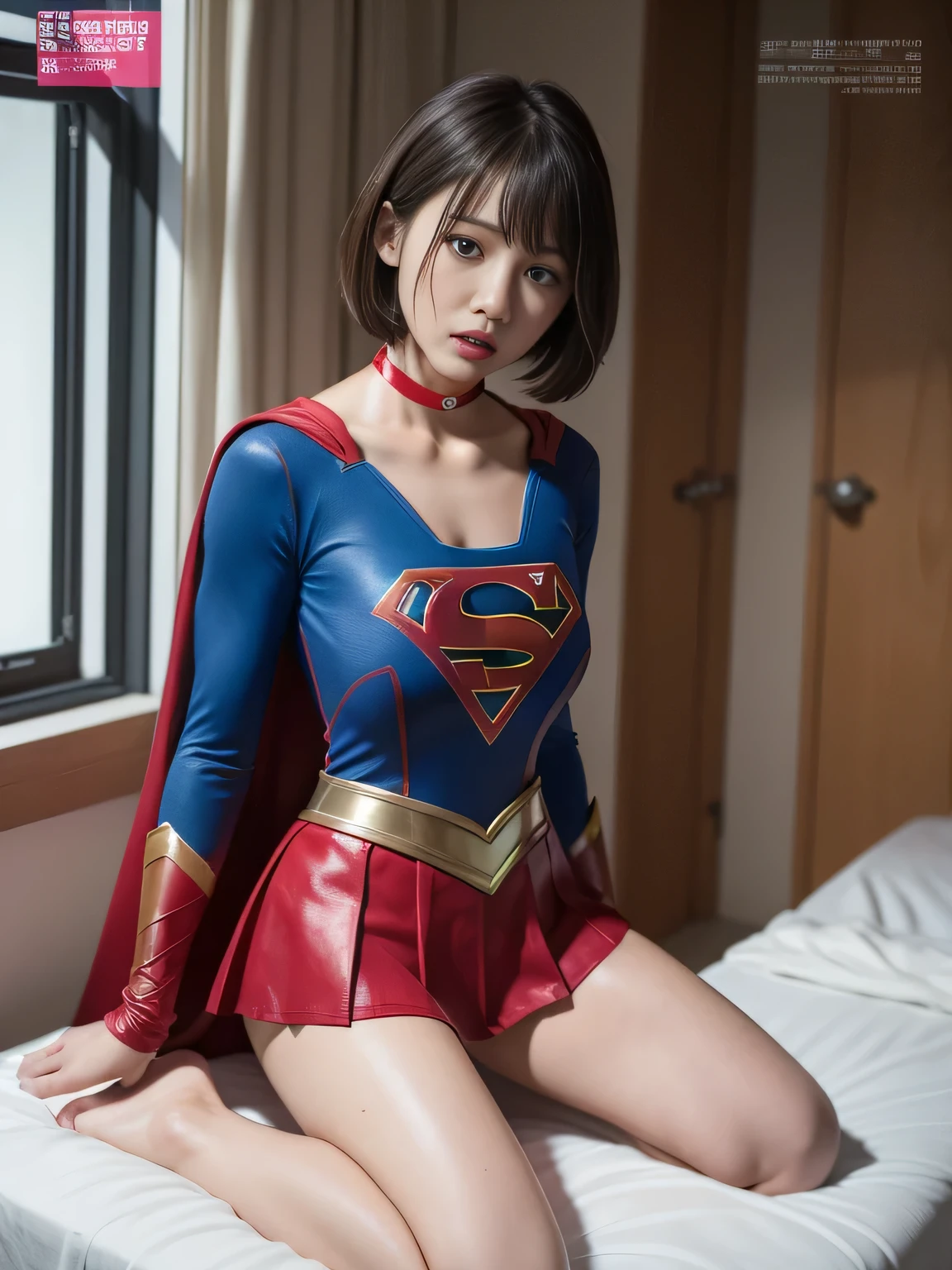 masterpiece、supergirl costume、short hair、barefoot, big and full breasts、test subject、operating room、operating table、straddle、sweating、shiny、look at the camera、sense of abuse、Estrus、choker、Weekly magazine cover、long sleeve、red mini skirt、obscene pose、Seduce、humiliating、Dosing experiment、