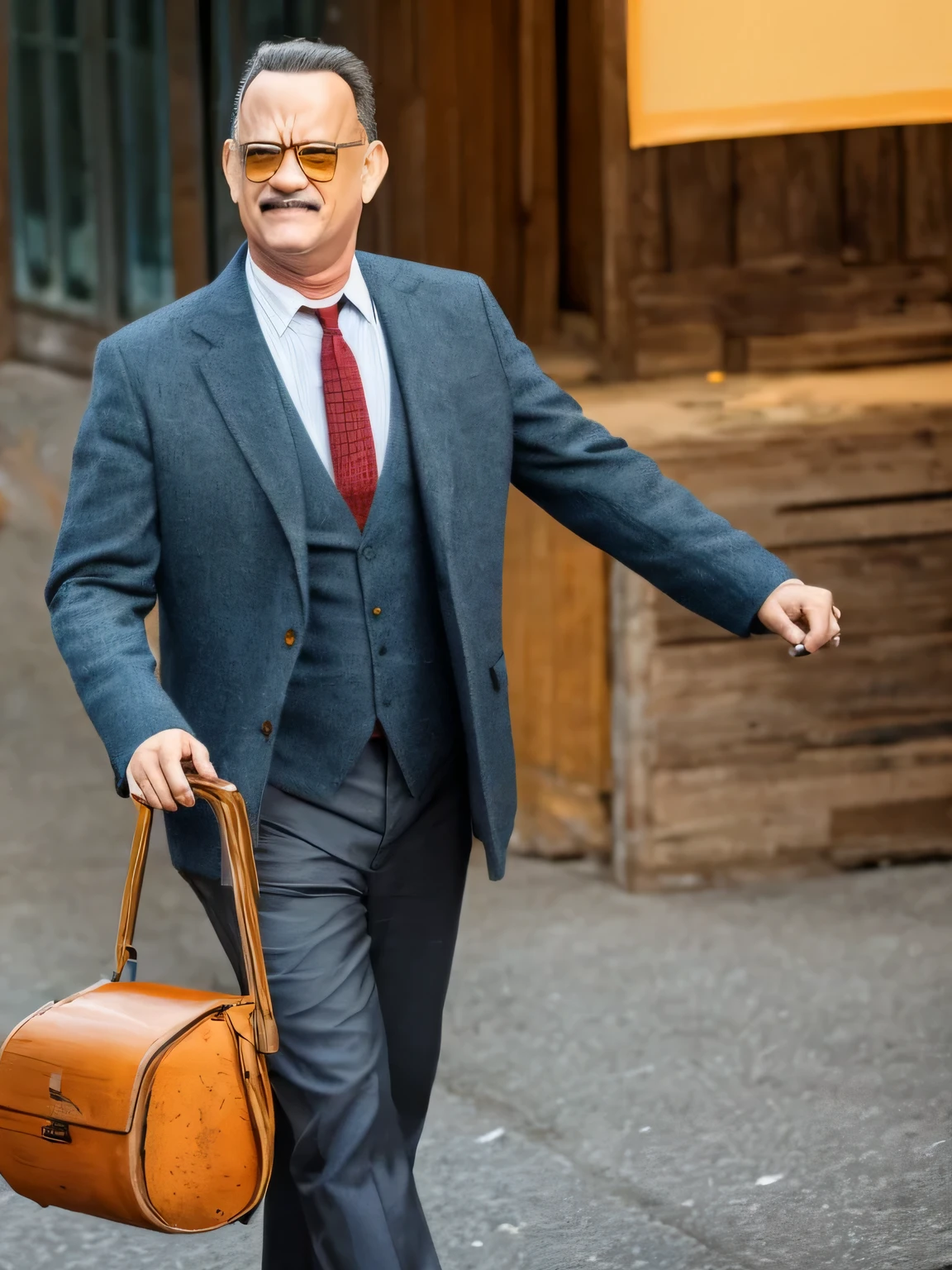 tom hanks wearing a train conductor's outfit with a thick mustache