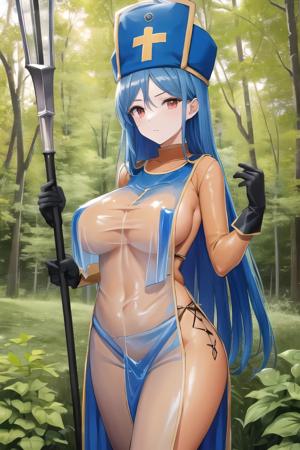 nsfw:1.3, ((masterpiece, best quality;1.3)), ultra detailed, 1girl,priest \(dq3\), (orange bodysuit), latex bodysuit, long hair, 1girl, solo, breasts, looking at viewer, large breasts, red eyes, gloves, hat, blue hair, aqua hair, bodysuit, staff, tabard, cross print, mitre, (forest, blue sky:1.1), cowboy shot, torn clothes, ripped clothes,dishwasher1910, s,,Top image quality,Masterpiece,simple background, nude:1.4, (see-through costume:1.6),breast out, elect nipples:1.2 , ecchi style:1.7,

