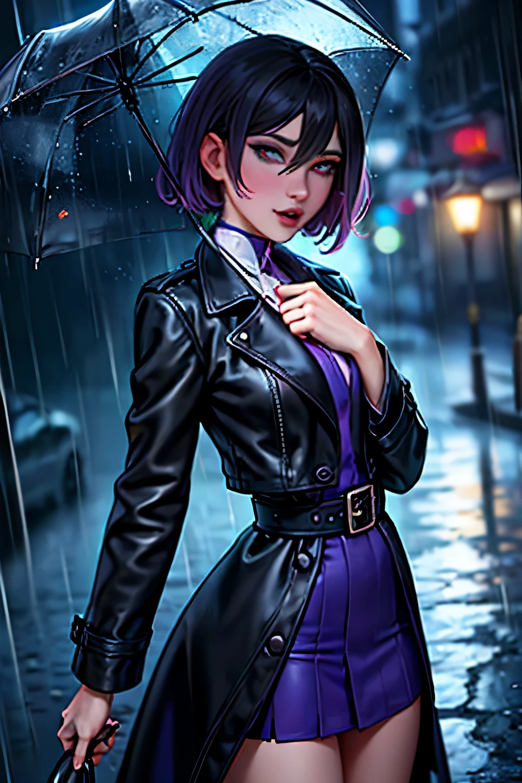 Masterpiece, top quality, illustration, {beautiful detail girl}, beautiful glow in detail, crossdressing beauty, (black jacket and trench coat), sunglasses, laughter, fangs removed, vampire, indigo eyes, rainy street corner, rain, detailed lighting, detailed water, (beautiful detailed eyes: 1.1), expressionless palace, (short hair), long bangs, hair between the eyes, top half,