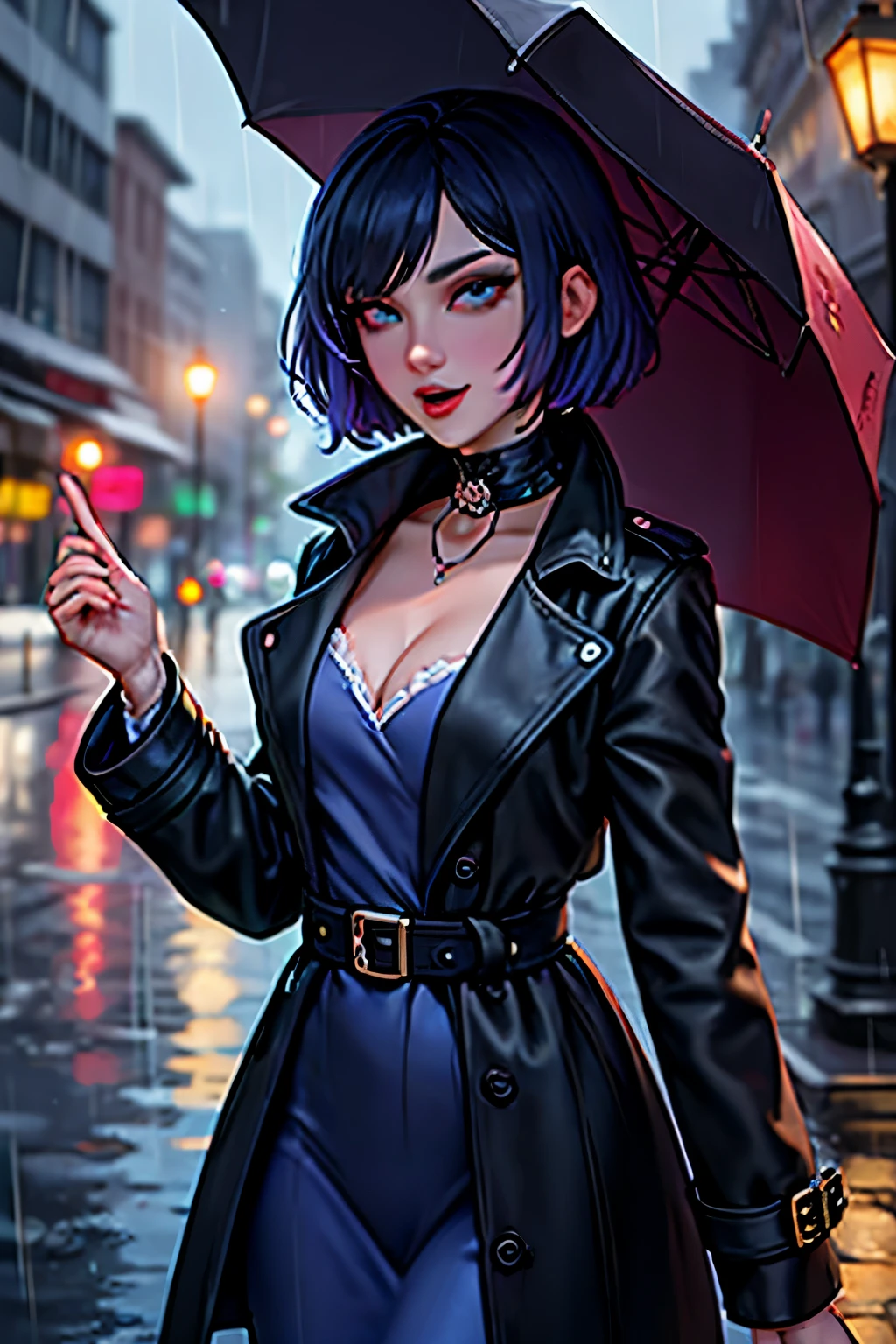 Masterpiece, top quality, illustration, {beautiful detail girl}, beautiful glow in detail, crossdressing beauty, (black jacket and trench coat), sunglasses, laughter, fangs removed, vampire, indigo eyes, rainy street corner, rain, detailed lighting, detailed water, (beautiful detailed eyes: 1.1), expressionless palace, (short hair), long bangs, hair between the eyes, top half,