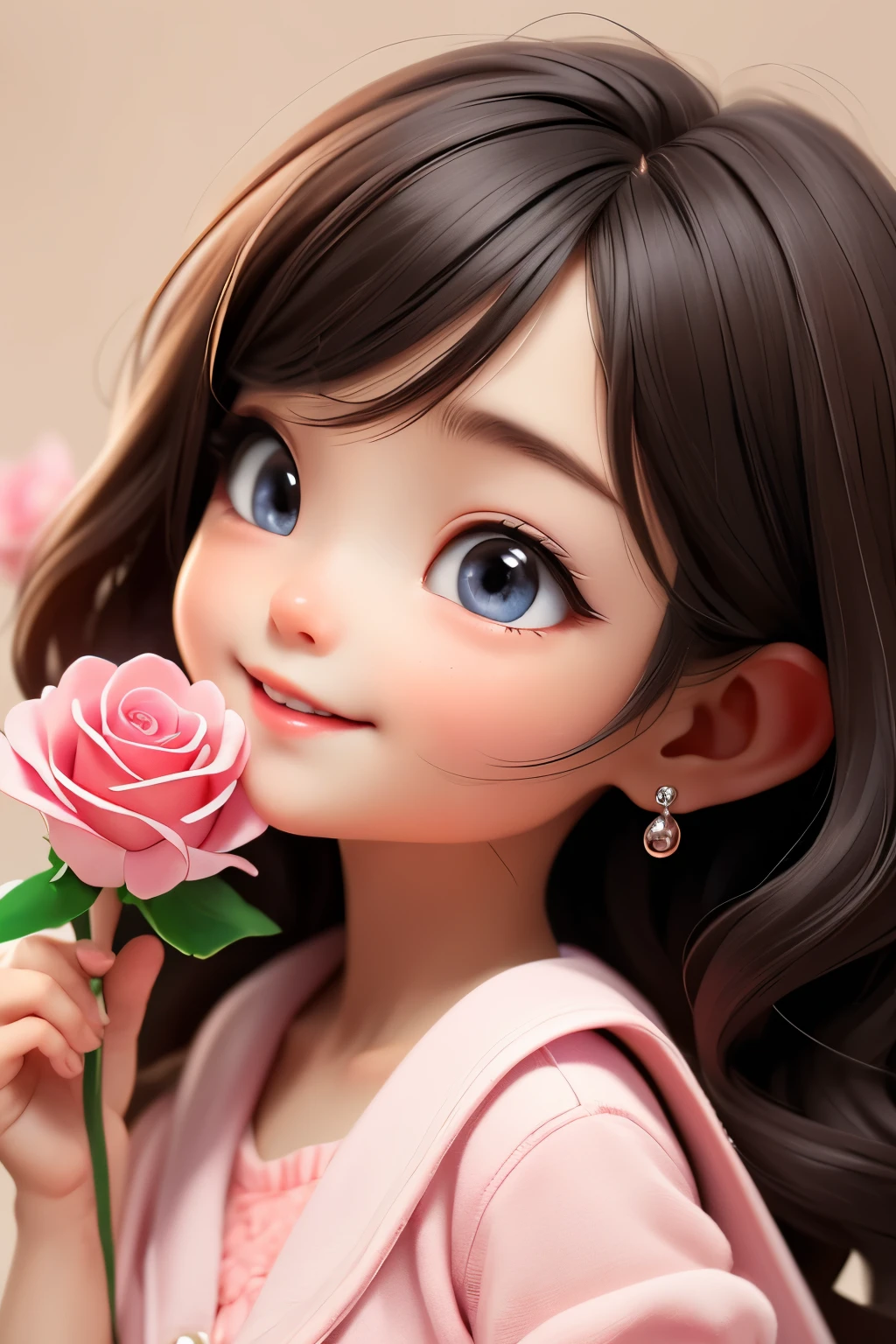 Chibi girl smelling the scent of rose flowers、Jewel-like eyes、Take a super close-up shot of lips from the side、smile