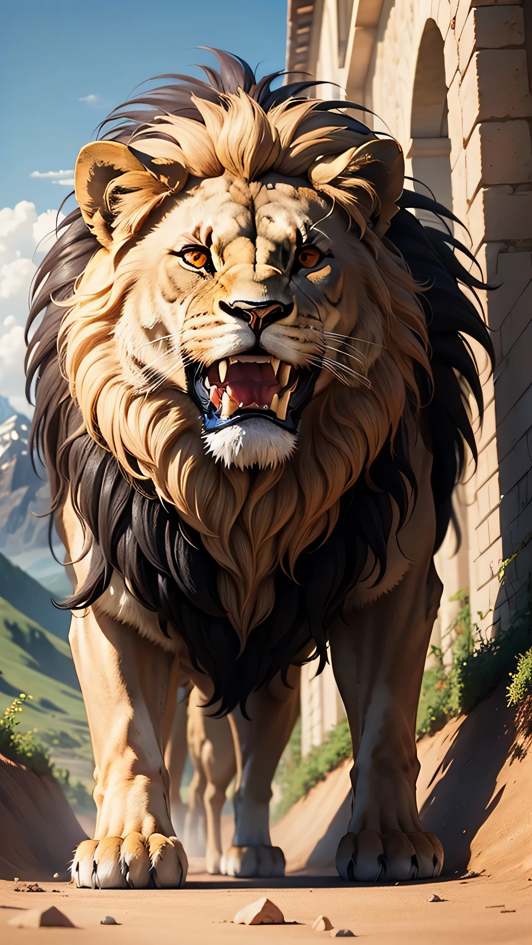 A lion facing forward and opening its mouth, landscape