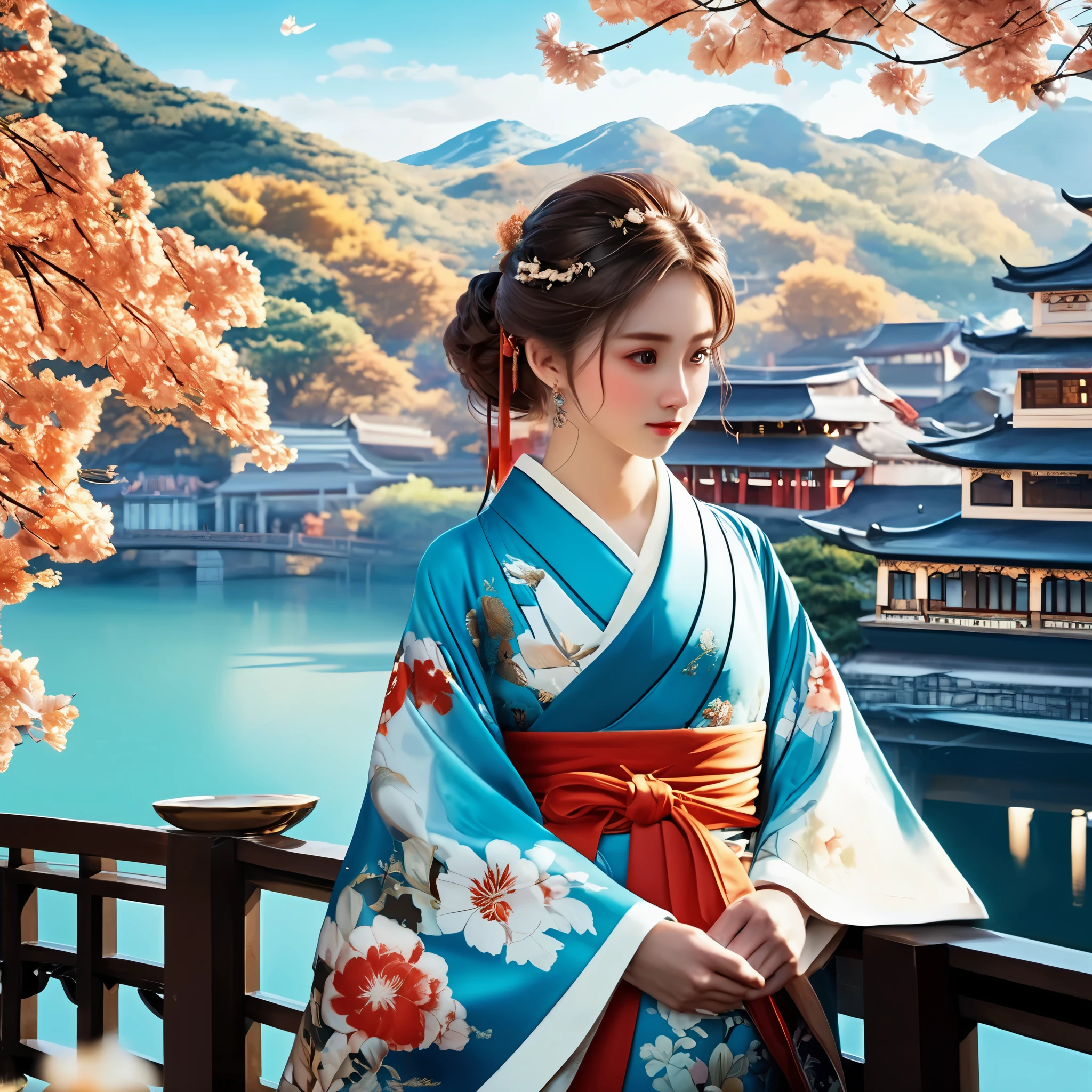 A girl in a romantic landscape，Lifelike portraits，Natural and full of personality，The details stand out，The background is a mesmerizing romantic landscape or a charming travel scene，Use master techniques to express depth and layering，National elements of Chinese style animation，Emphatic summary of overall features，AI brings characters to life，Anime style images and scenery，The importance of animation plot，Picture and sound synchronization，Special effects，Full of energy and creativity。
