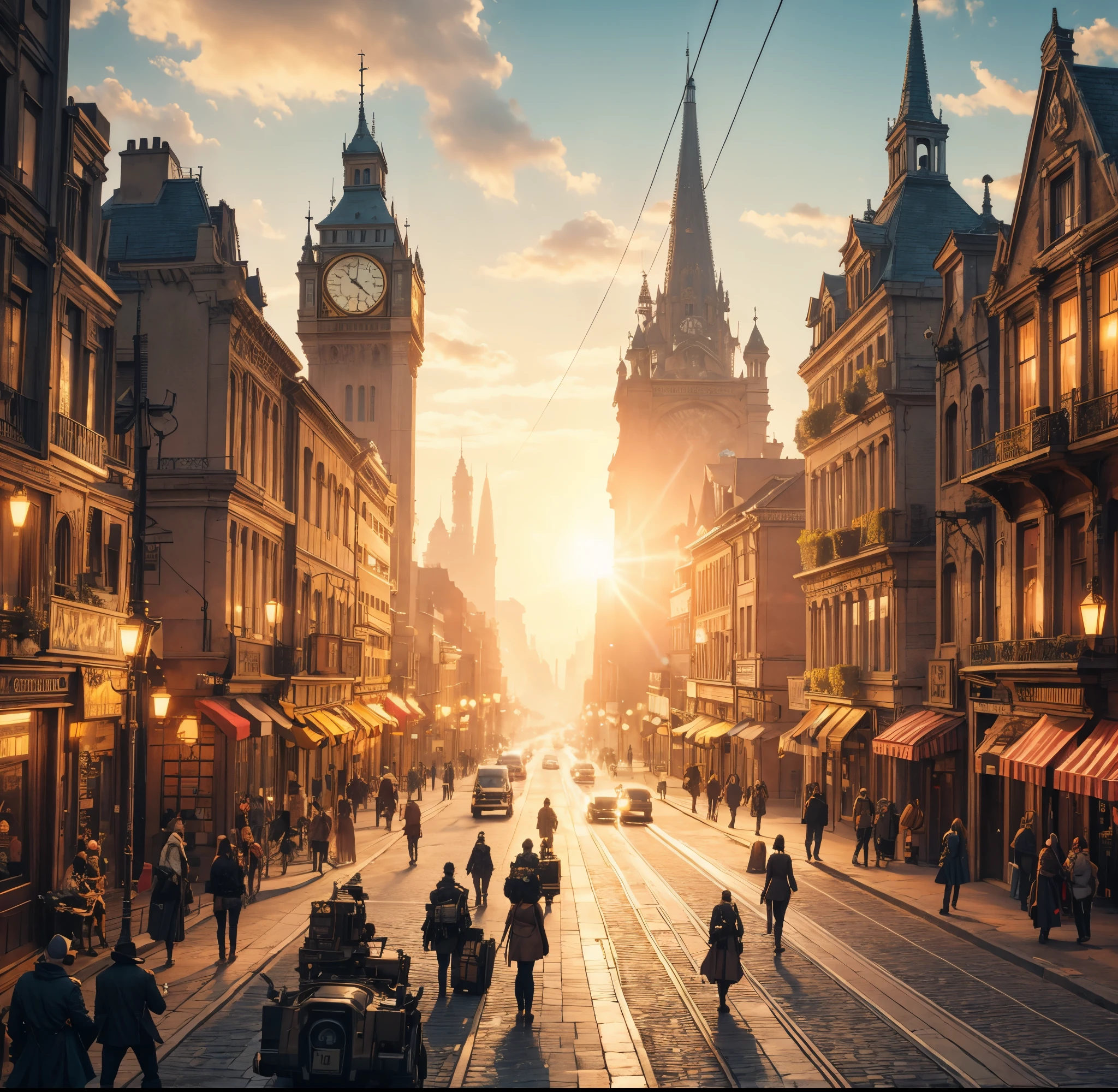 Amazing Daylight Steampunk city street, pov fps, many people on the street, masterpiece,4k ultra HD, high detailed