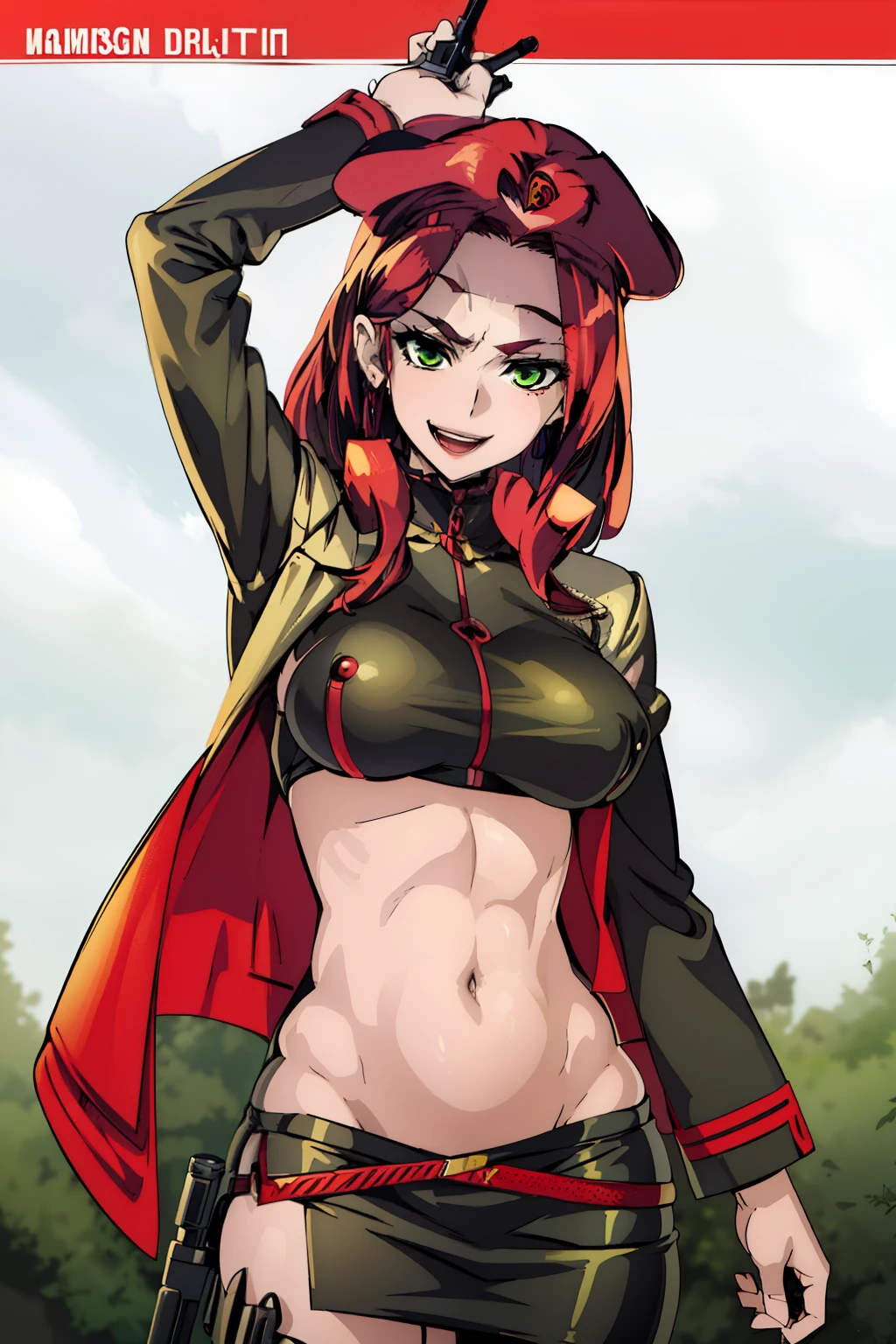 Malty, red hair, beautiful face, green eyes,,,masterpiece, best quality, highly detailed, a girls with a gun, open mouth, blazer, sexy gaze, (nsfw) not
safe for work, badass pose , evil smile, smile, guns blazing, anime girl with long hair, beautiful long
haired girl, navel, evil expression, exposed belly, exposed navel, exposed midriff, exposed lower belly,
micro miniskirt, micro pencil skirt, pencil skirt ,holding a gun, outdoor,street,road