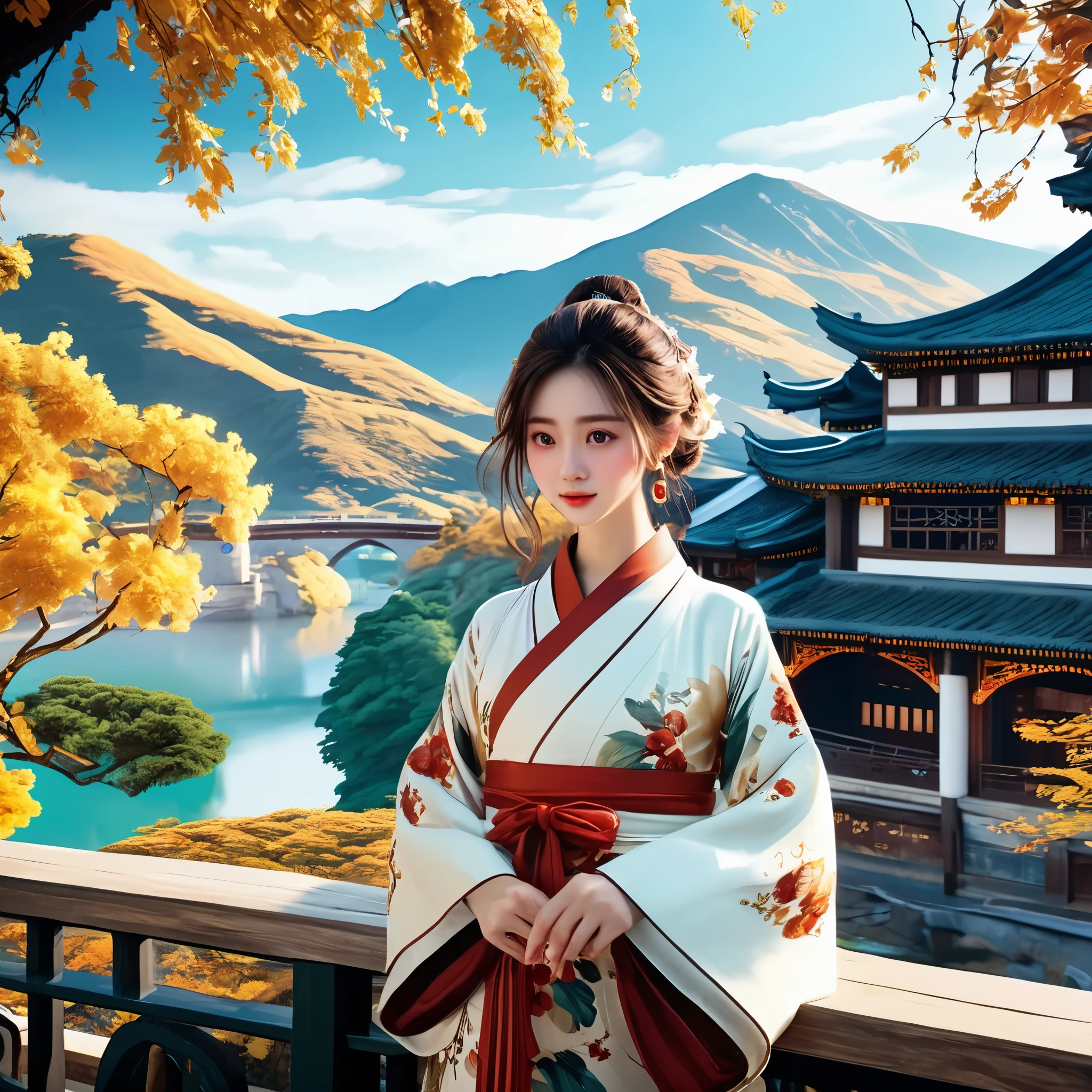 A girl in a romantic landscape，Lifelike portraits，Natural and full of personality，The details stand out，The background is a mesmerizing romantic landscape or a charming travel scene，Use master techniques to express depth and layering，National elements of Chinese style animation，Emphatic summary of overall features，AI brings characters to life，Anime style images and scenery，The importance of animation plot，Picture and sound synchronization，Special effects，Full of energy and creativity。
