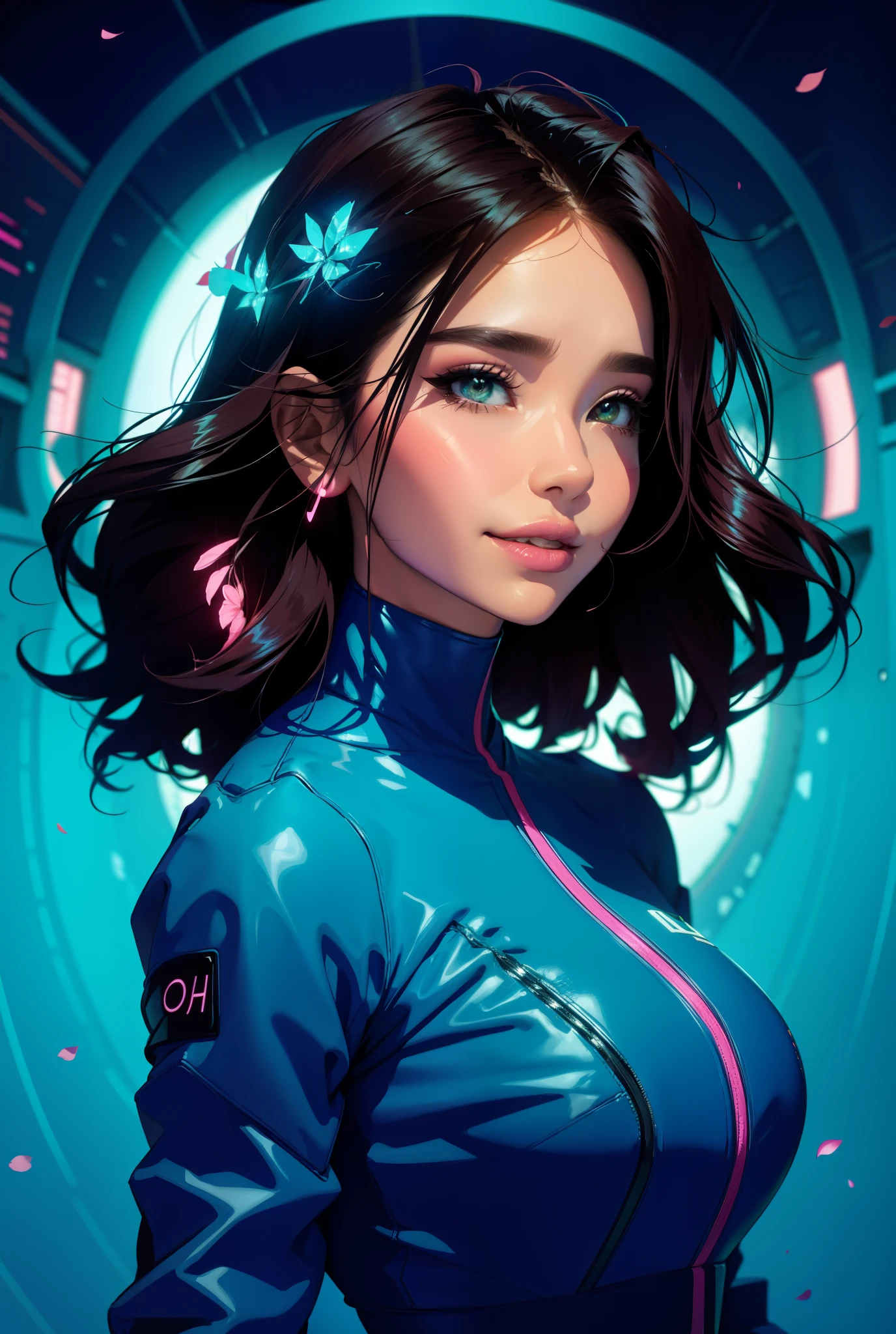 cyberpunk female woman wearing (chromatic accents:1.1), sleek pink and White bodysuit, side view turning to face camera, (Petal Blush, Lagoon Blue color background:1.3), amazing smile, looking at camera, 1980’s style poster
