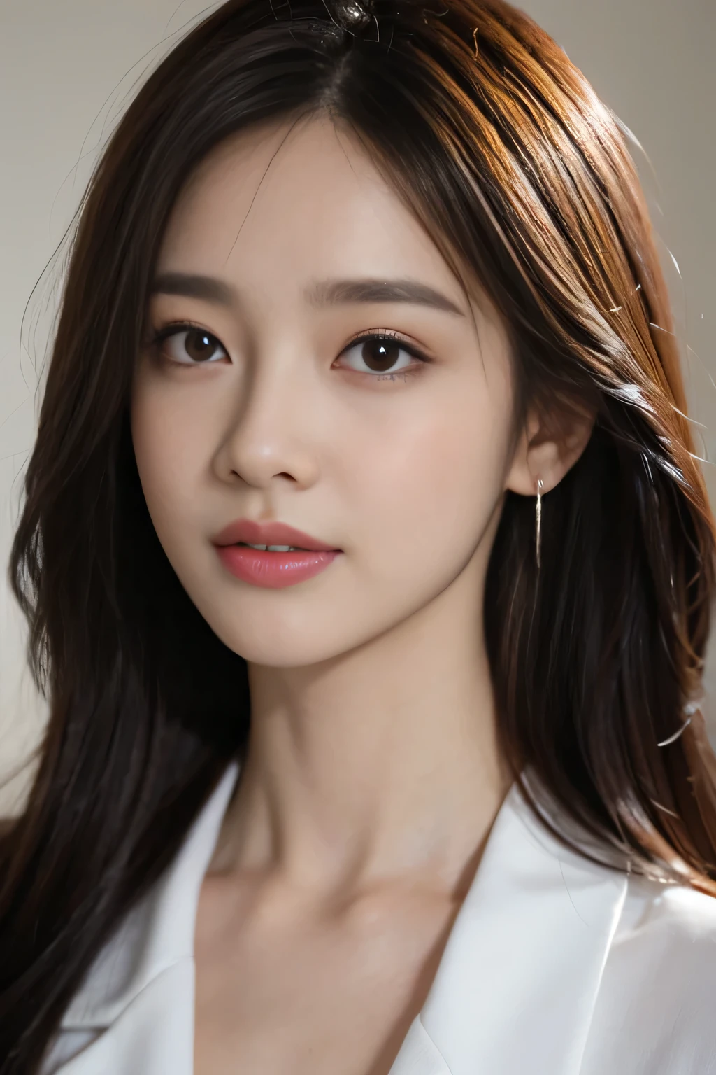 masterpiece, highest quality, realistic, Super detailed, attention to detail, High resolution, 8k wallpaper, one beautiful woman,, light brown messy hair, wearing a business suit, sharp focus, perfect dynamic composition, beautiful and detailed eyes, thin hair, Detailed realistic skin texture, smile, close-up portrait, model body shape