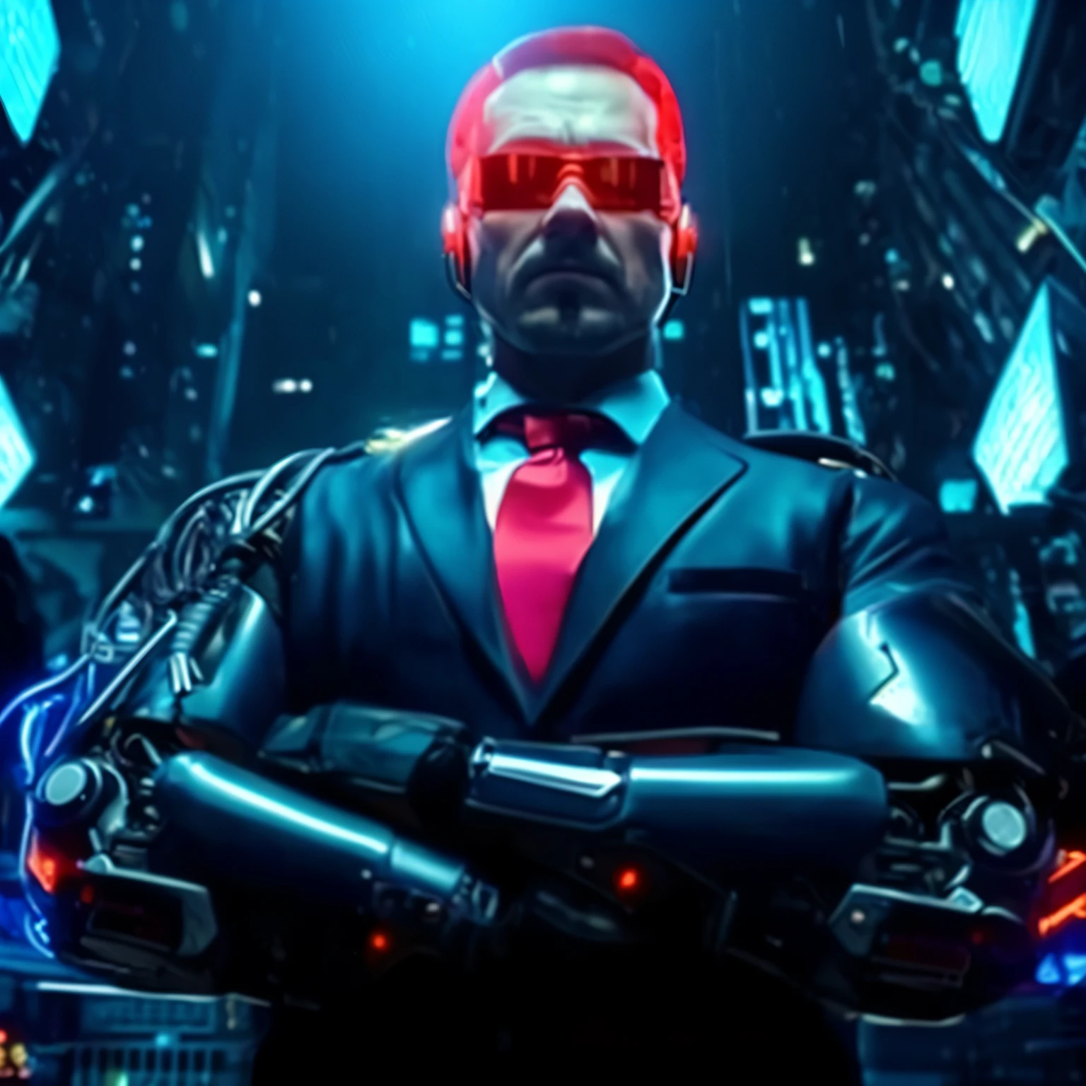 a close up of a man in a suit and tie with a red tie, movie still of a cool cyborg, cyberpunk photo, cyberpunk joe biden, cyberpunk suit, in cyber punk 2077, cyberpunk transhumanist, cyberpunk robot, in cyberpunk style, anton fadeev 8 k, cyberpunk iron man, has cyberpunk style, hyper-realistic cyberpunk style