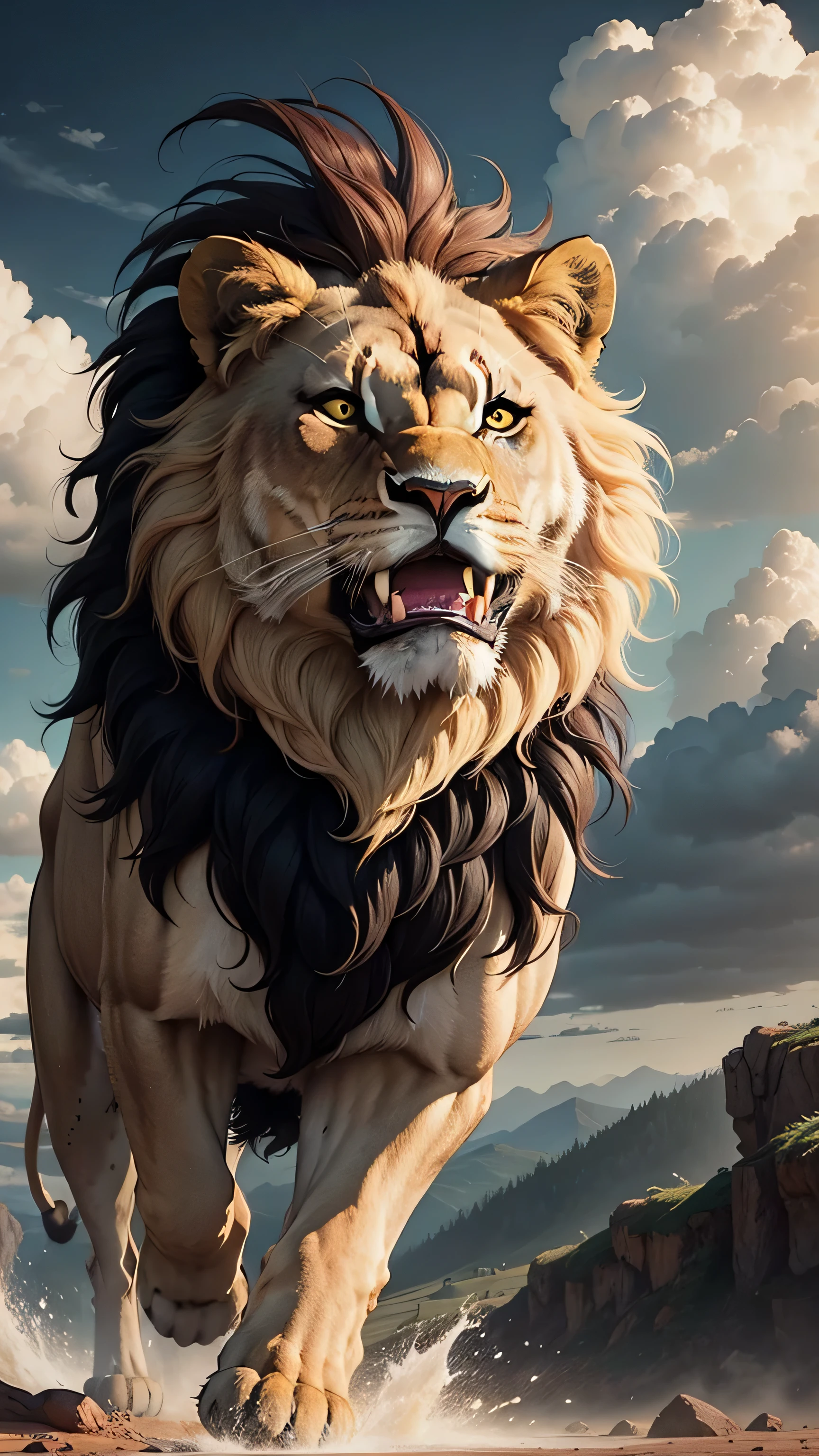 A lion facing forward and opening its mouth, landscape, thick clouds
