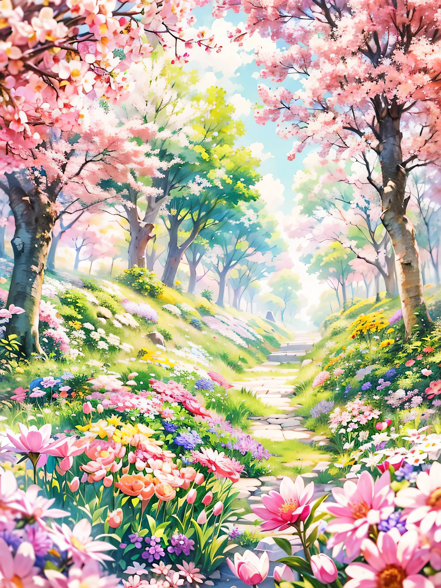 watercolor painting, 8K resolution、((highest quality))、((masterpiece))、((Super detailed))、incredibly absurd、(((the most beautiful scenery of spring)))、colorful flowers、sunlight filtering through the trees、rich colors