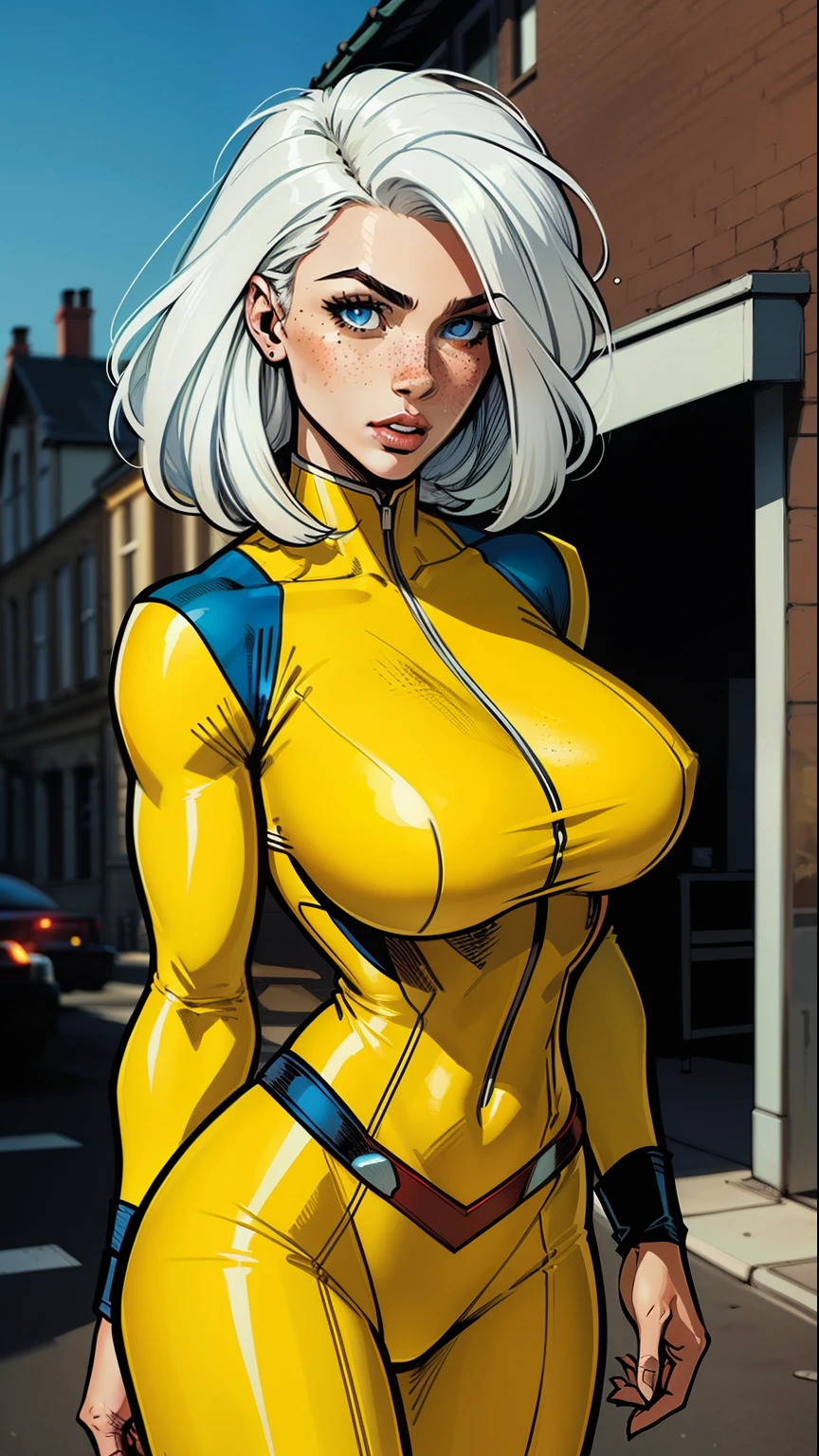 A woman, white hair, hair with bangs, 90's x-men uniform, outside, Marvel art style, comic, blue eyes, some freckles, dark yellow spandex