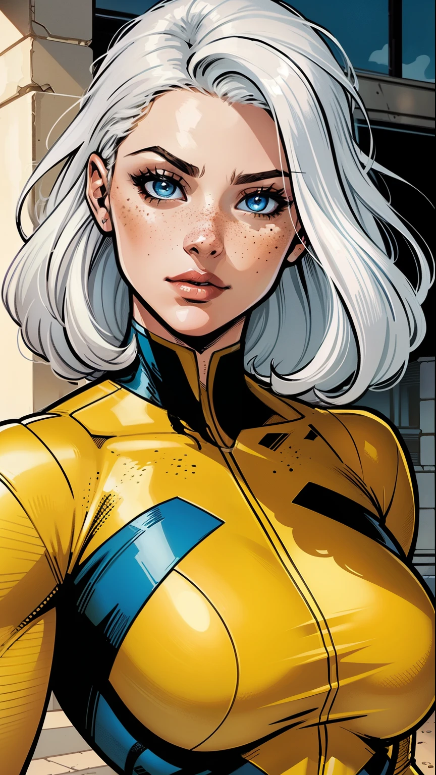 A woman, white hair, hair with bangs, 90's x-men uniform, outside, Marvel art style, comic, blue eyes, some freckles, dark yellow spandex