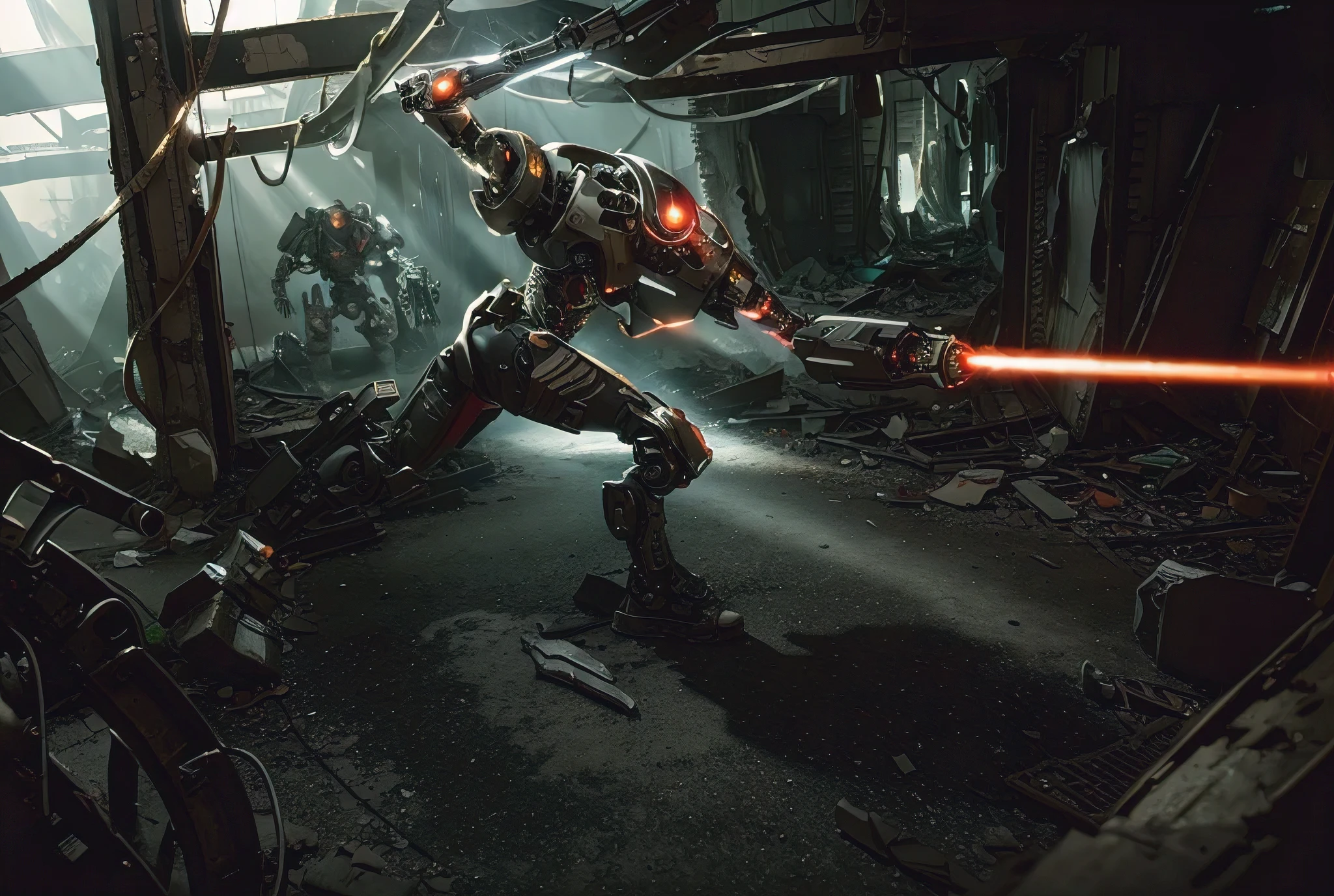 large headless Ultra advanced biomechanical cyborg robot walking inside a destroyed military building, black and red metal, has cameras, sensors, has laser cannons in its hands, it is in post apocalyptic totally destroyed building, a lot of fire, there are large mineral crystals green color on the ground, sunny day, top view, 4k, ultra detailed image, realistic, very detailed, perfect composition, splendid, intricately detailed, incredibly detailed, art photography 8k, hyper detailed, Masterpiece, ultra detailed, hyper realistic, 4k , ultra detailed image, realistic, highly detailed, perfect composition, splendid, intricately detailed, incredibly detailed , Artistic photography in 8k, hyper detailed