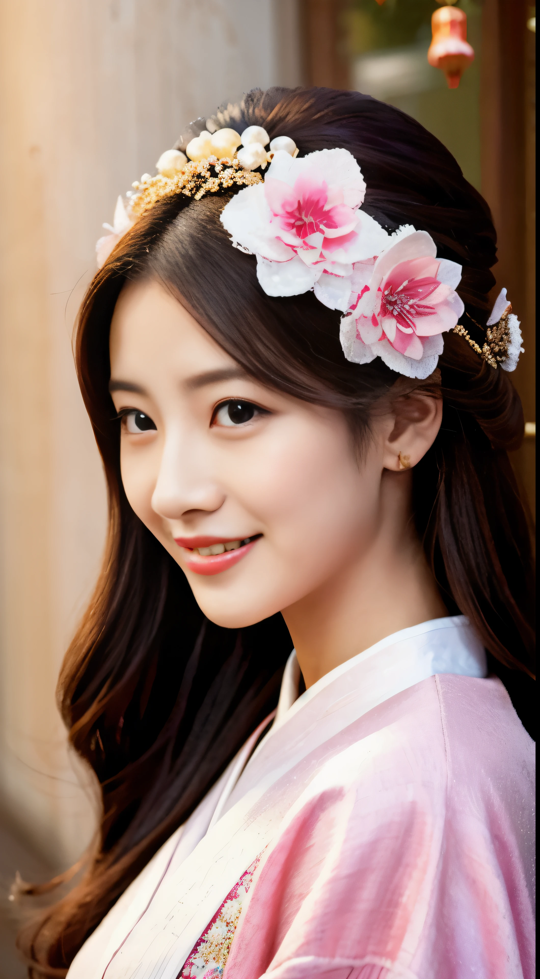Masterpiece of the Waterfront Banquet, displaying a mature, elegant Chinese woman in Ancient China. Her sister, equally regal, smiles joyfully by her side, their happy faces a testament to the grandeur of the moment. With measurable intelligence and light brown hair cascading down their shoulders, they don lavish headwear adorned with pink flowers that contrast beautifully with their pink eyes and lips. Dressed in light pink clothes and yarn-like fabric reminiscent of Ancient China, their updos are intricately designed, showcasing a delicate facial feature that adds to their captivating beauty. The scene, rendered in the highest quality, highlights every detail from the woman's