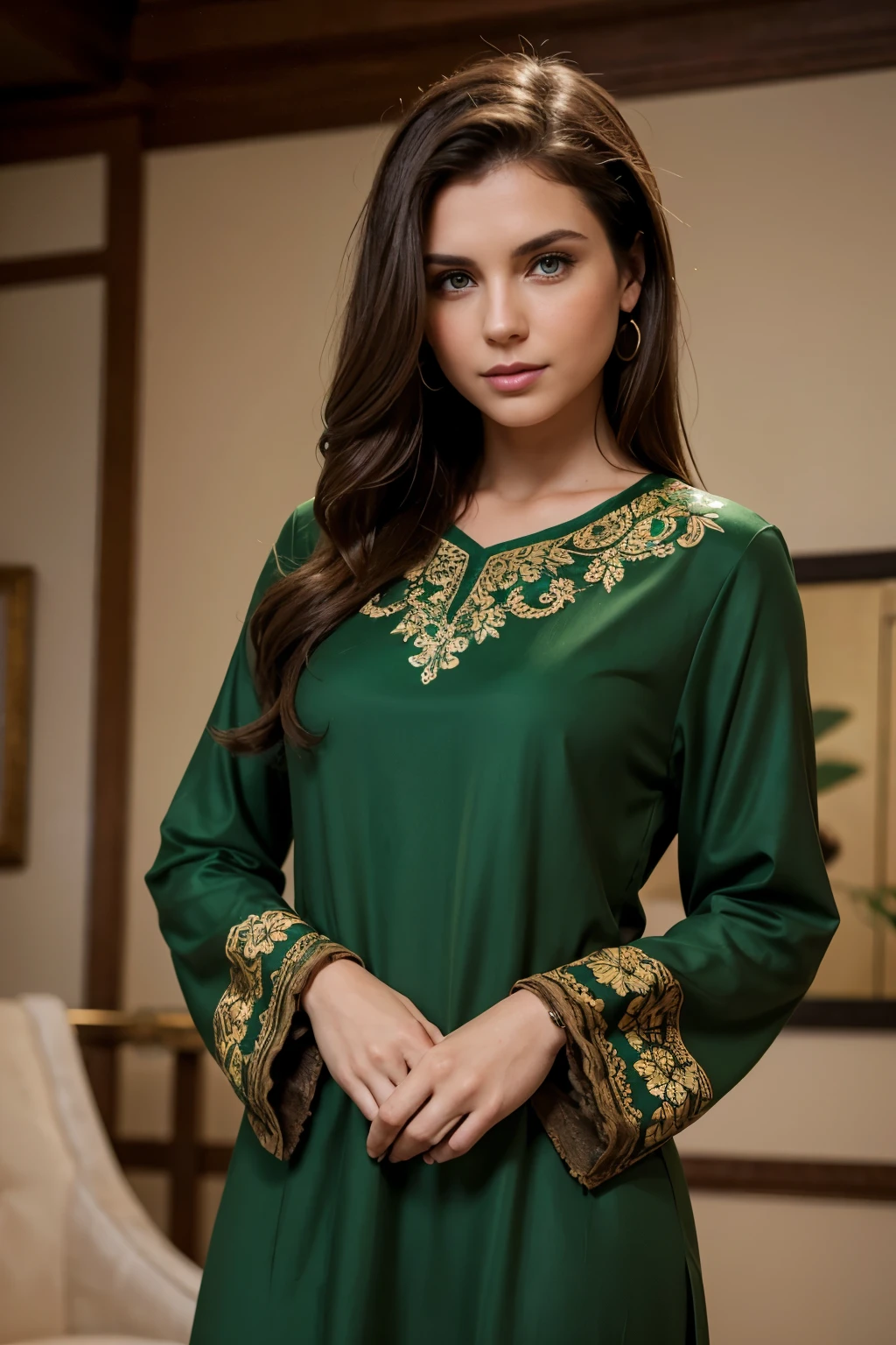 woman with medium brown hair and green eyes in fine clothes