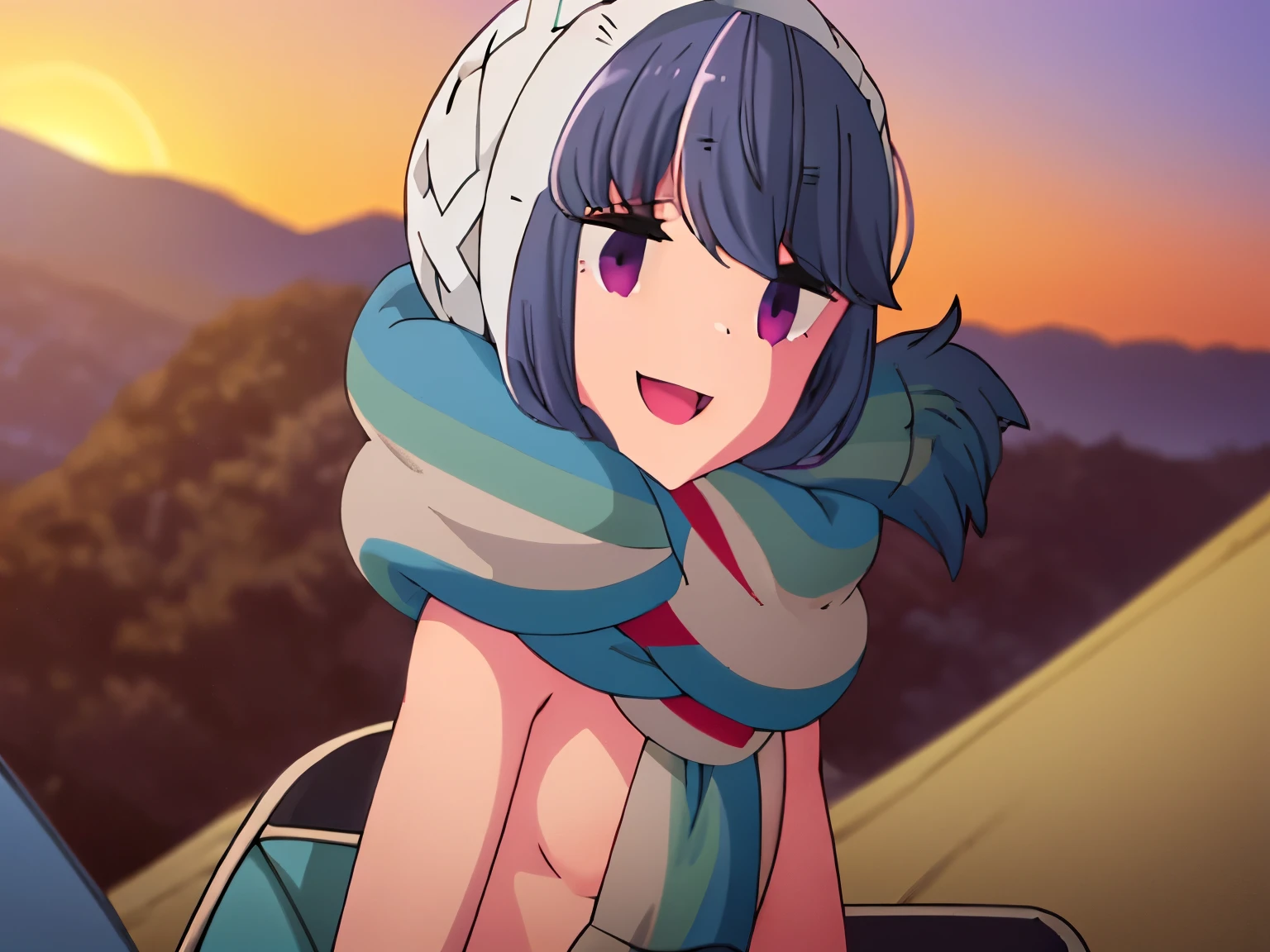 (best quality, masterpiece:1.2), 1girl, (((masterpiece))), shima rin, looking at viewer, smile, camp, mountain , top-quality, top-quality, High Details, 1girl, illustratio, comic strip, soothing tones, Subdued Color, Soft cinematic light, adobe lightroom, photolab, HDR, intricately and hyper-detailed、(((depth of fieldasterpiece)))。(((top-quality))).)((ultra-detailliert)))。(((illustratio)))。(((takeout))).dynamic focus.big breasts.(((Face of happy smile))). Close eye, open mouth.(((up chest))).((morning glow)).((the setting sun)), solo, anime, anime screencap, ray tracing, ultra resolution image, vivid color, cinematic light, lens flare, light on face, glow eyes, depth of field, happy, detailed background, cute, straight-on, dive dress, navel