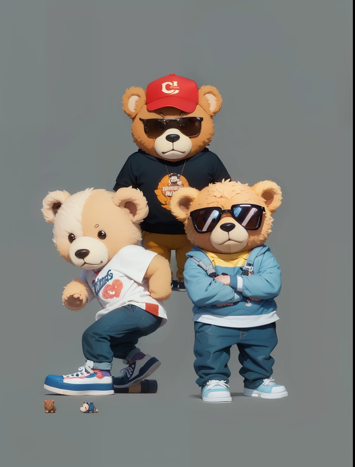 there are three teddy bears that are standing next to each other, bears, cartoon style illustration, in style of digital illustration, hand painted cartoon art style, teddy fresh, mascot illustration, funny illustration, ( bear wearing sunglasses, four humanoid bears, cartoon art style, cute artwork, street wears, the teddy bear is holding a gun, hd illustration, cute boys