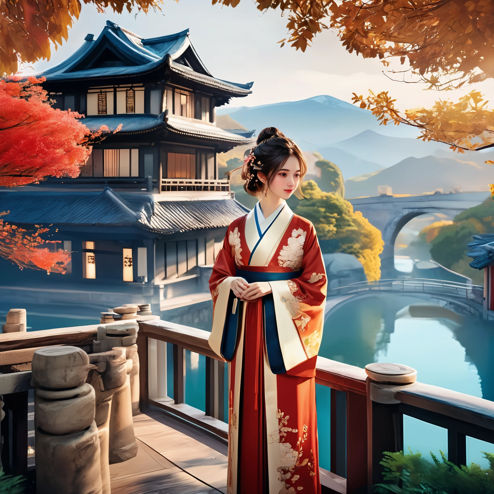 A girl in a romantic landscape,Lifelike portraits,Natural and full of personality,The details stand out,The background is a mesmerizing romantic landscape or a charming travel scene,Use master techniques to express depth and layering,National elements of Chinese style animation,Emphatic summary of overall features,AI brings characters to life,Anime style images and scenery,The importance of animation plot,Picture and sound synchronization,Special effects,Full of energy and creativity。