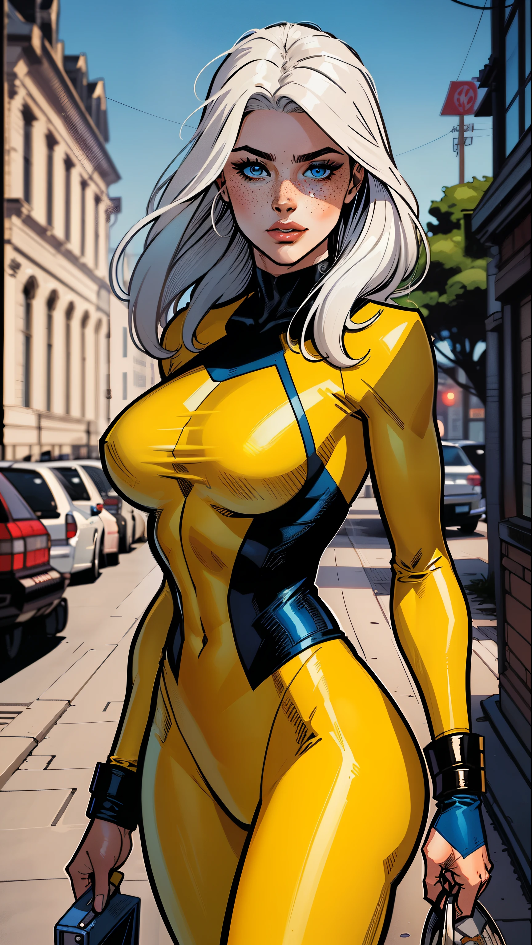 A woman, white hair, hair with bangs, 90's x-men uniform, outside, Marvel art style, comic, blue eyes, some freckles, dark yellow spandex