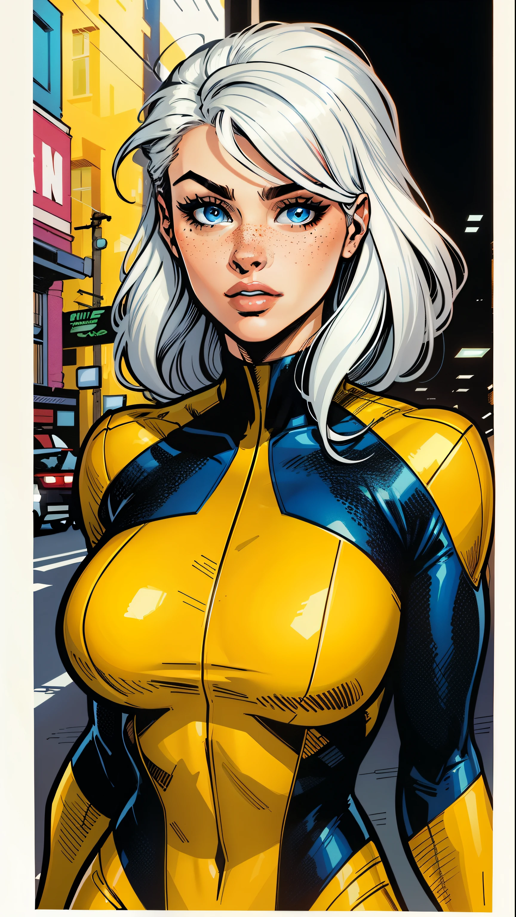 A woman, white hair, hair with bangs, 90's x-men uniform, outside, Marvel art style, comic, blue eyes, some freckles, dark yellow spandex