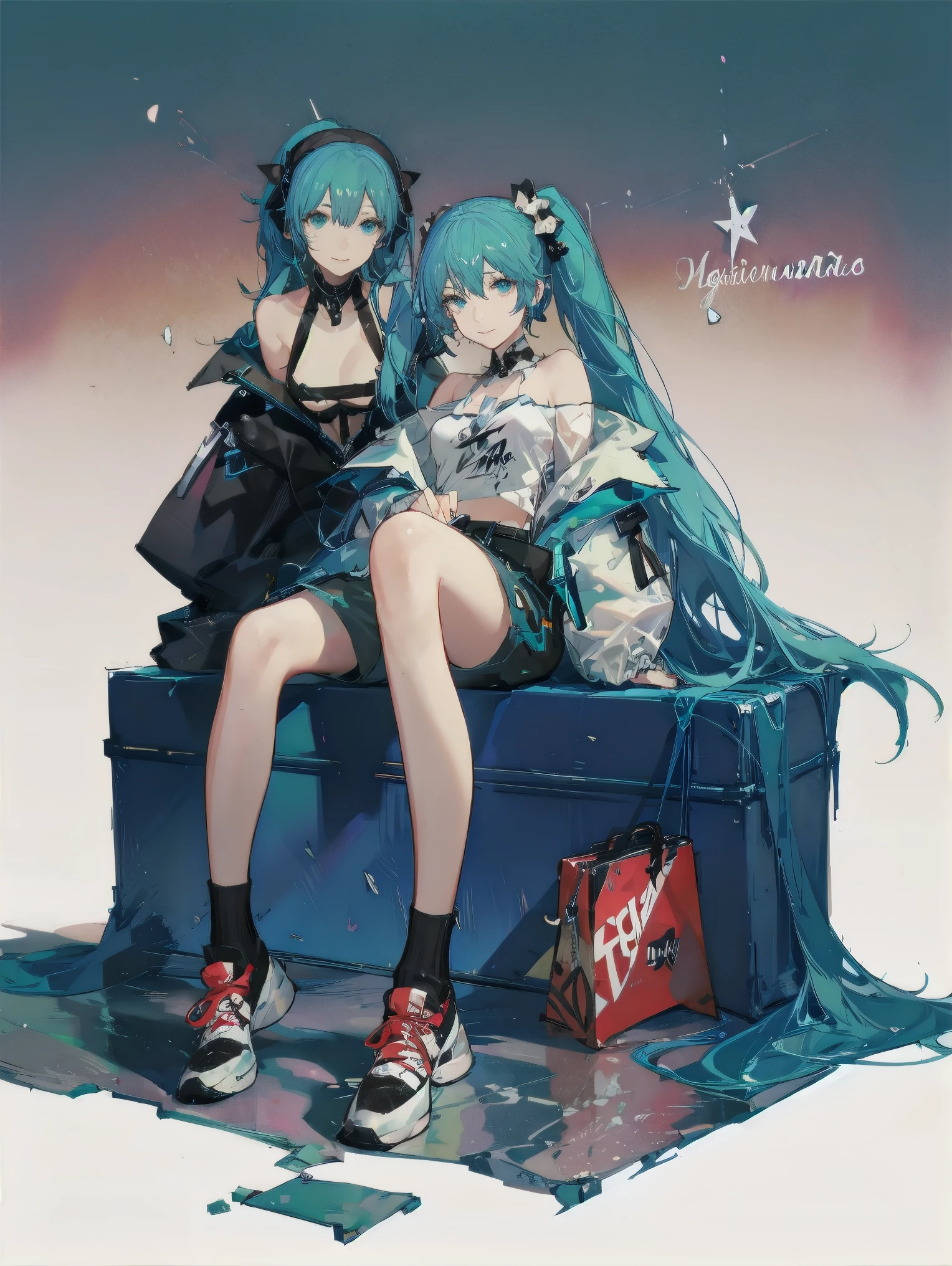 solo, hatsune miku, long hair, twintails, sitting, socks, jacket, shorts, looking at viewer, holding, very long hair, white background, shoes, aqua eyes, simple background, smile, aqua hair, belt, full body, white footwear, sneakers, white shorts, shirt, closed mouth, white socks, bangs, blue eyes, scrunchie, aqua nails, hair ornament, clothing cutout, off shoulder, phone