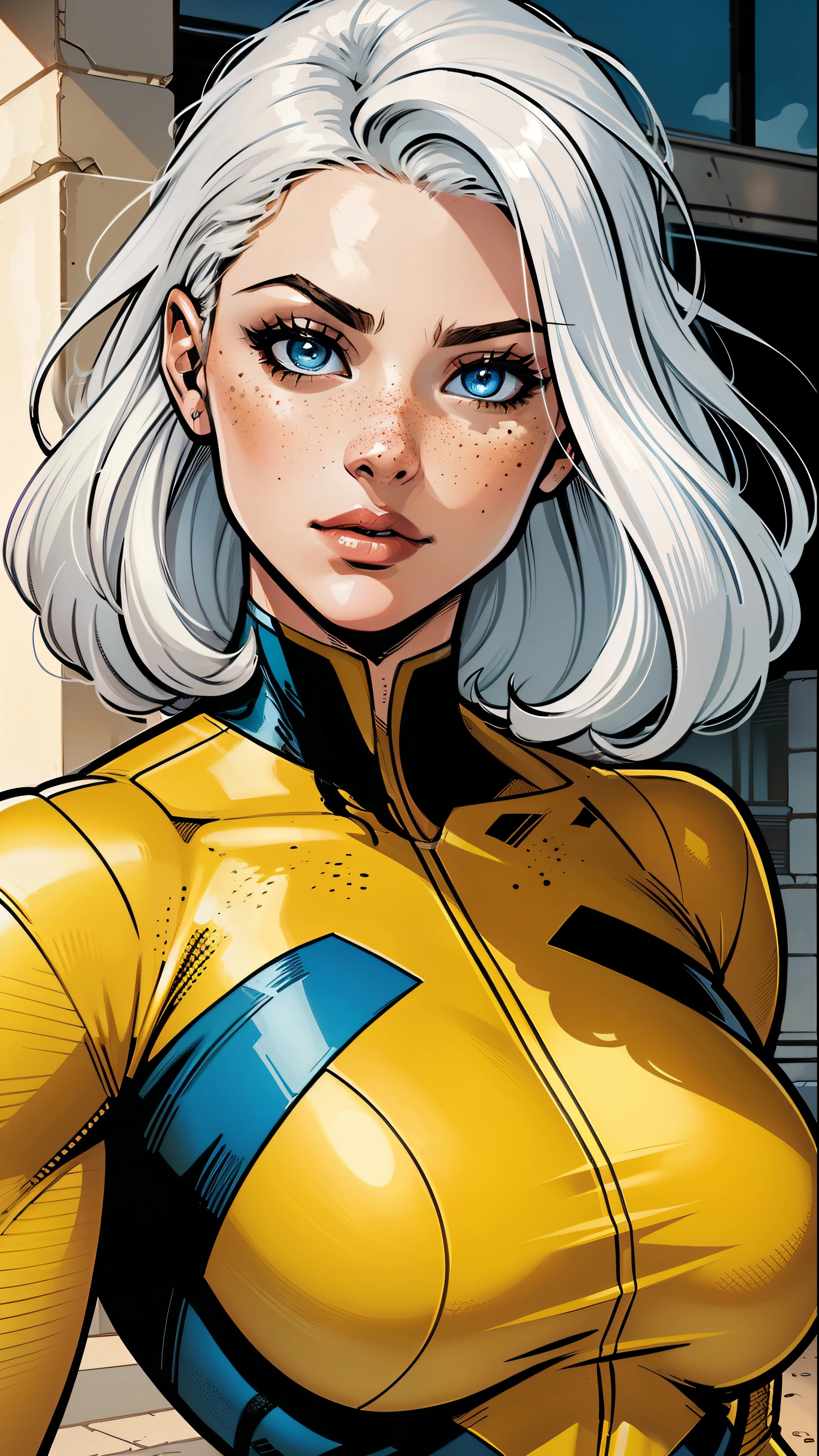 A woman, white hair, hair with bangs, 90's x-men uniform, outside, Marvel art style, comic, blue eyes, some freckles, dark yellow spandex