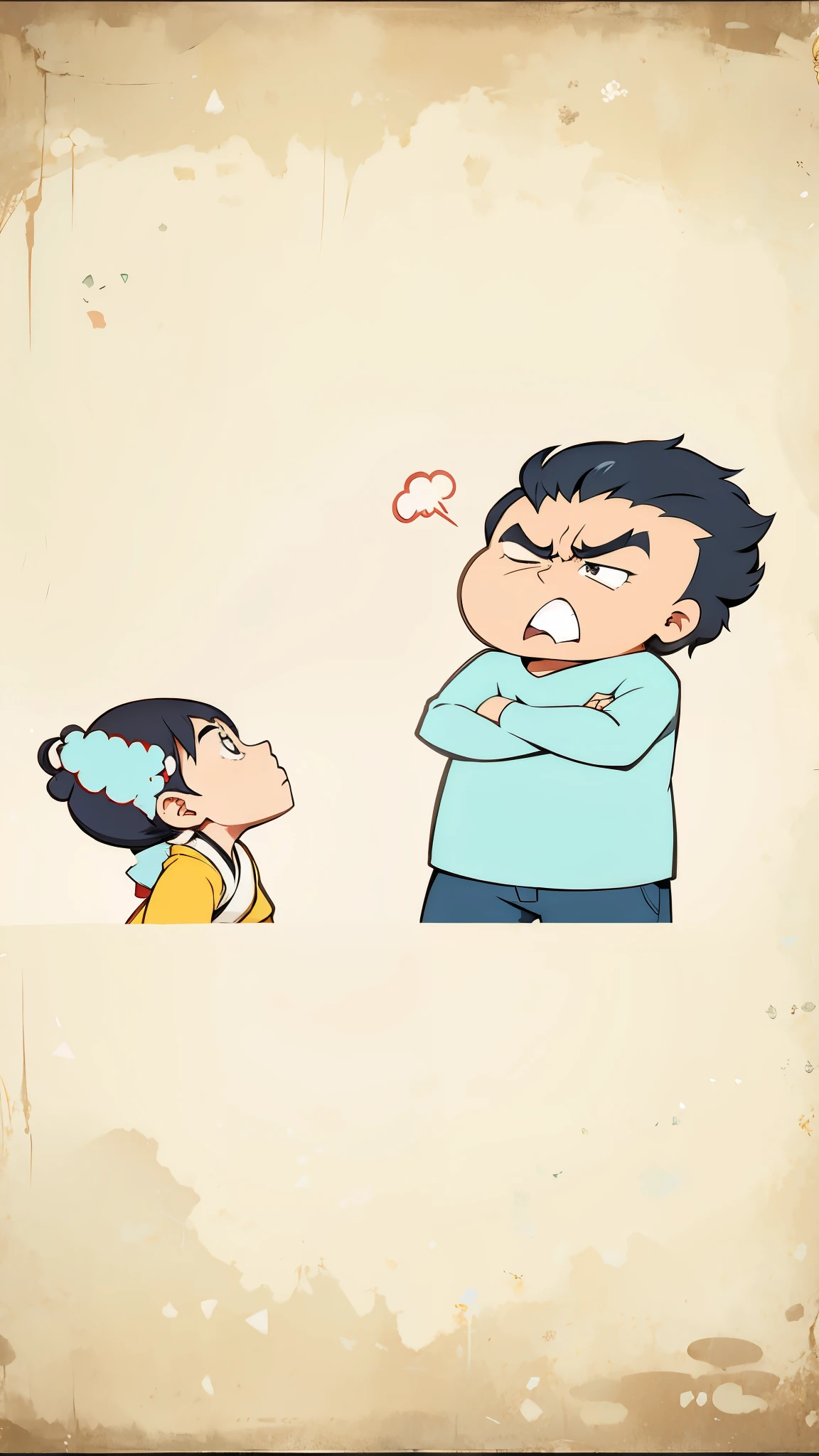 Cartoon of a man and a woman standing in front of a wall, scold, they fought very angry, Japanese animation style, angry expression, various postures, muscular!!, Lovely:2, Hand drawn cartoon, angry expression, Pouting, childhood friend, he was angry, Cartoon image, confused expression, daily, Dynamic!!