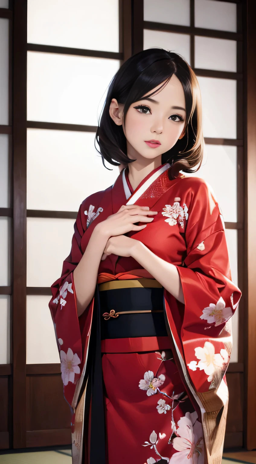 (masutepiece: 1.2), (max resolution: 8k), (RAW photo: 1.0), (best quality: 1.2), cinematographic light, ultra hi-resolution, Detailed feature of a woman wearing a kimono and obi, (Realistic: 1.6), (Masterpiece), Beautifully detailed skin with pores and texture, intricately decorated room with cherry blossoms and tatami flooring, (Detailed: 1.2), 1940s setting, One elegant woman, (Perfectly detailed face: 1.0), (Delicate hand movements: 1.4), (