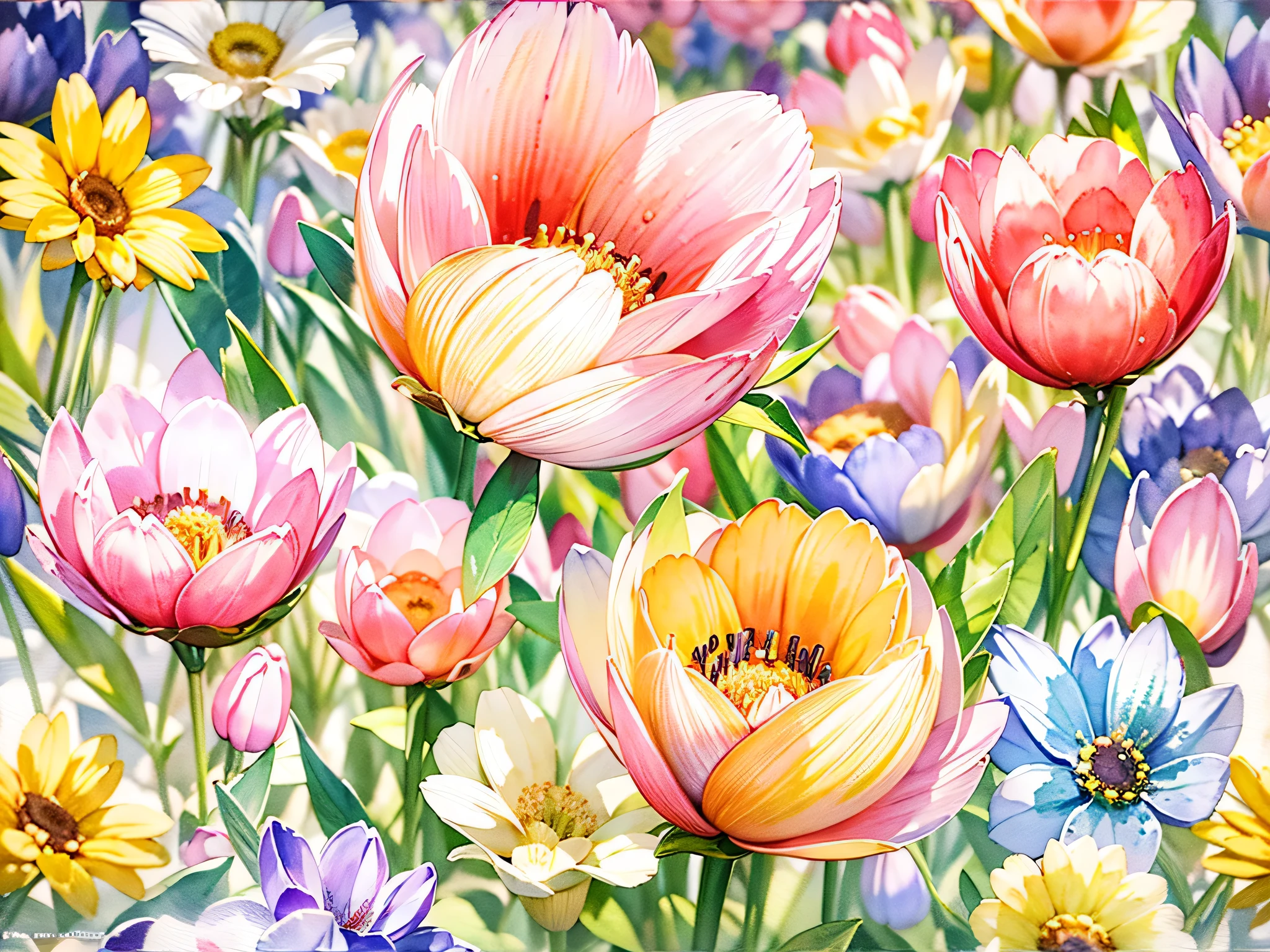 watercolor painting, 8K resolution、((highest quality))、((masterpiece))、((Super detailed))、incredibly absurd、(((the most beautiful scenery of spring)))、colorful flowers、art of light、rich colors、impressive scenery
