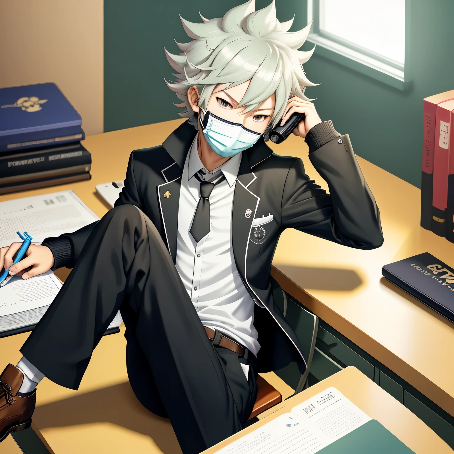 Cartoon character wearing mask sitting at desk,holding notebook, best anime 4k konachan wallpapers, 4k comic wallpaper, Illustrations by Soejima Shigenori, Komaeda Nagito, Digital anime illustration, young anime man, Kaoru Nagisa, Male anime style, sitting at his desk, Komaeda Nagito from danganronpa