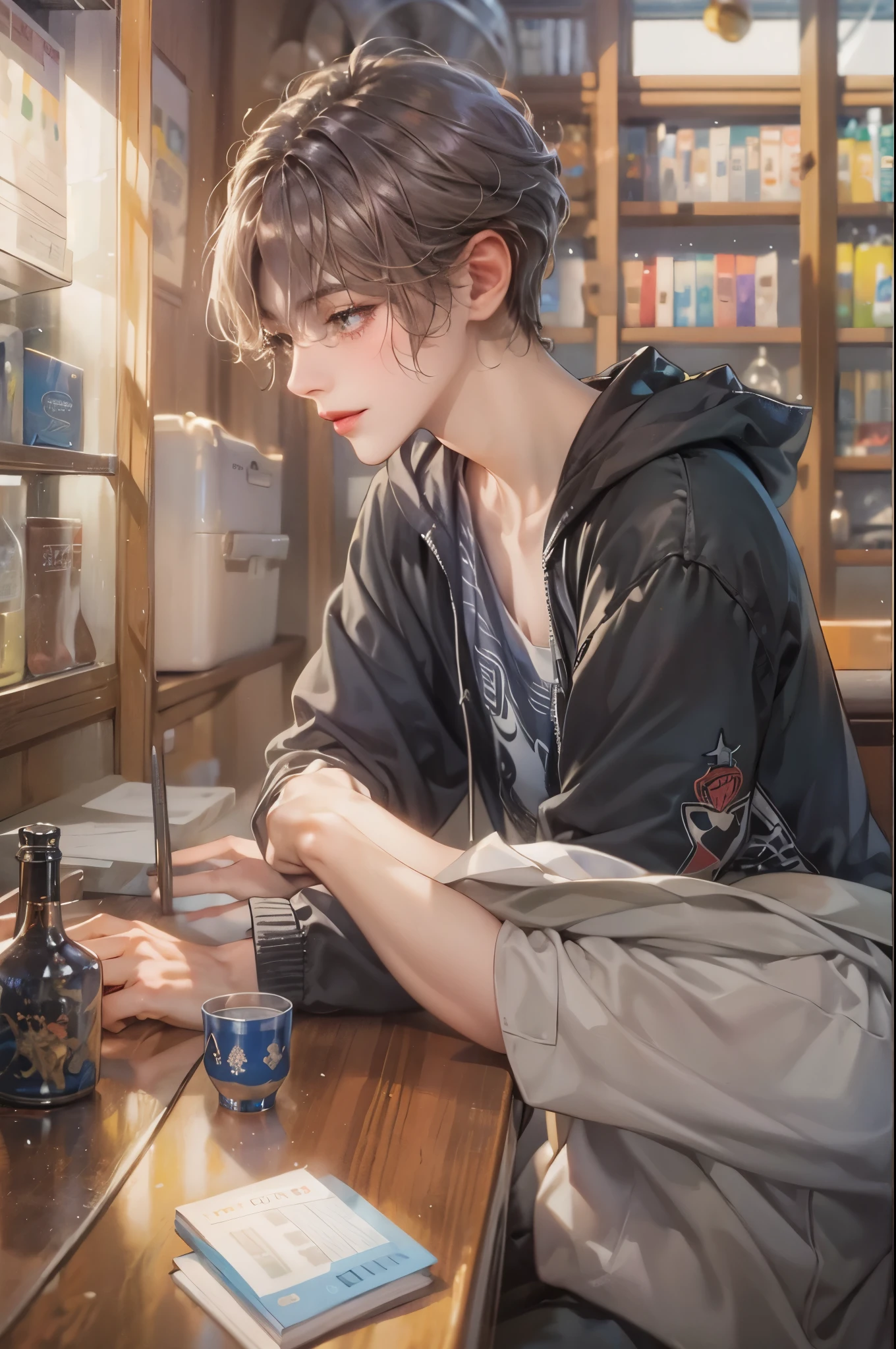 ((Best quality)), ((masterpiece)), (detailed), ((perfect face)), ((halfbody)) handsome face, male, boy, perfect proportions , a character from anime ashita no nadja, casual outfit, detailed school interior scenery background