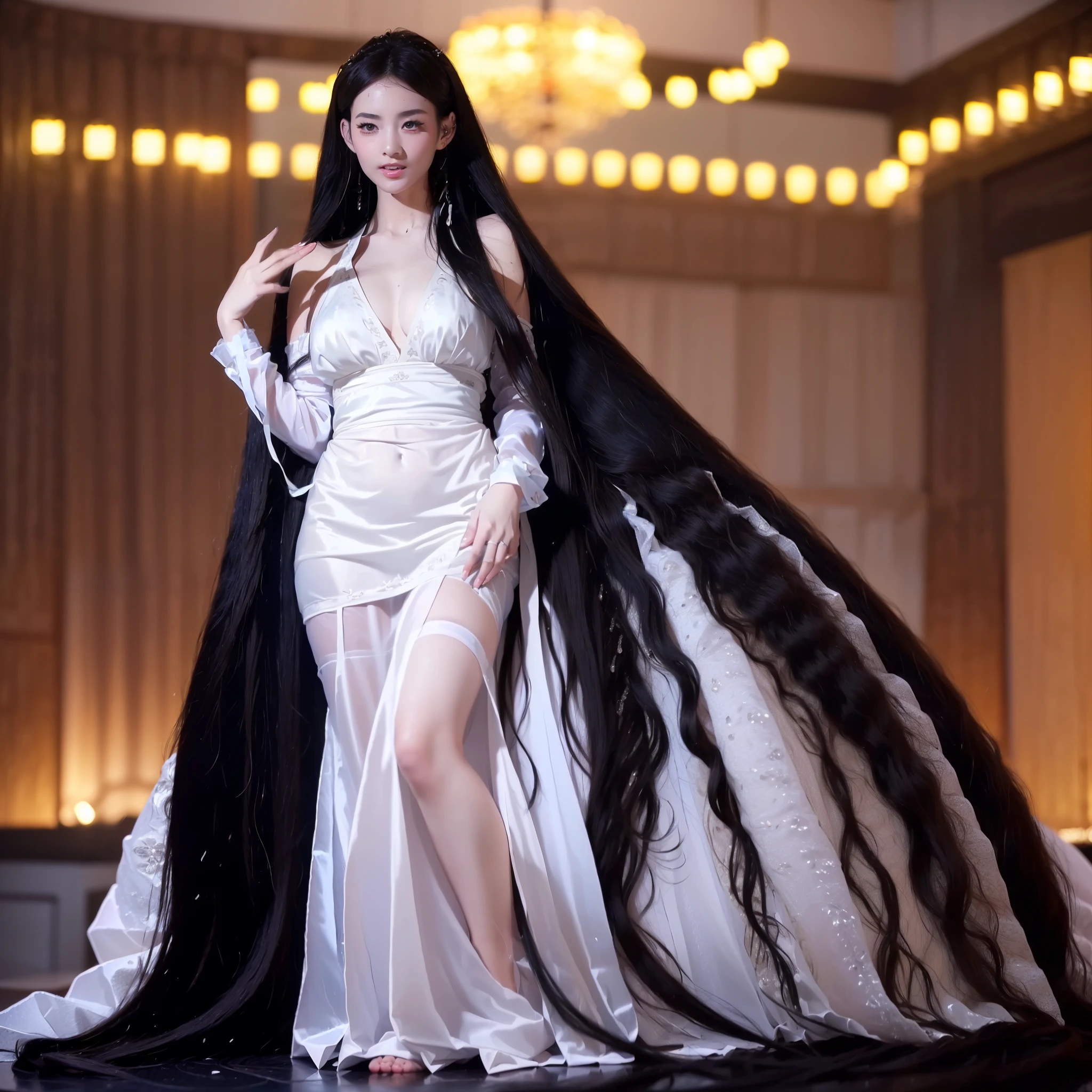 ((best image quality,highest quality,highest resolution,Super realisticな写真撮影,8k,full body photo,1 girl,very beautiful face,Super Super Long Hair,hair length about 5 meters,straight black hair,Black hair longer than my height,Black hair that hasn&#39;t been cut in over 20 years,slender body,white underwear or naked,Put it on the bed,World long hair contest winner,World beauty contest winner,full body real photo,head to toe photo,Photographed from approximately 4 meters away,Super realistic,stand up straight,both hands,2 feet,five fingers,))Super realistic、both hands、2 feet、five fingers、longest black hair in the world、My hair is heavy and I&#39;m tired、hair longer than rapunzel、very large amount of hair、She has very long black hair that covers her entire body.、Hair that is shampooed every day is very beautiful、The scent of sexy hair like roses、i have very long black hair、my charm is、i have very long black hair、Long black hair is a symbol of beauty、My pride is very long black hair、This long hair length and volume is admired all over the world、Very long black hair spread out in a fan shape、backwards、sleep on your stomach、Smooth black hair cascading down from head to floor、I always walk with my long black hair dragging、Her long hair is loose and her 5 meter long black hair fills the screen.、seductive smile、