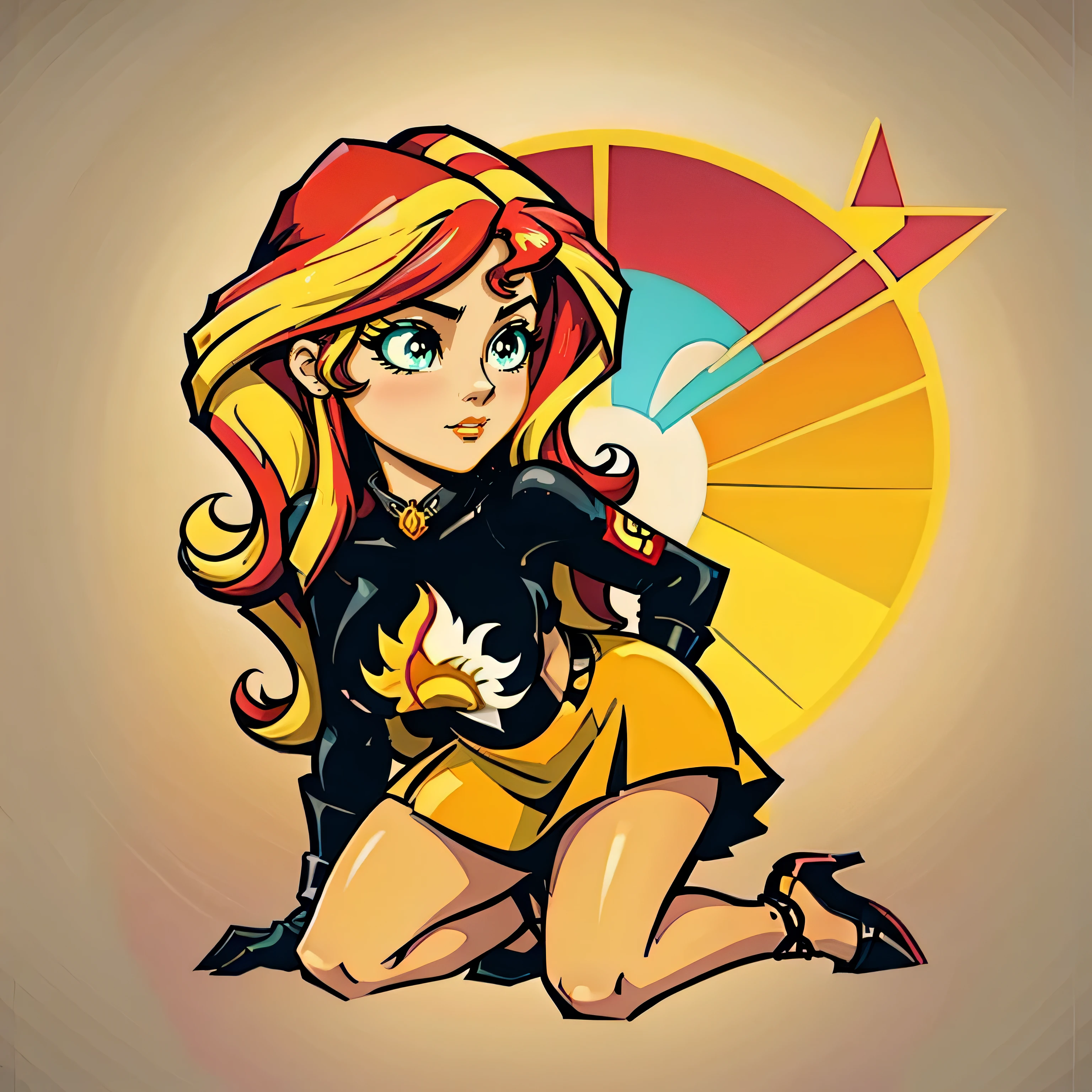 STICKER, (solid outline:1.2), (NSFW:1.2), Sunset Shimmer kneeling down wearing a red skirt with red shoes and black gloves on her hands, hands tied behind her back, ropes under her breasts, ball gag in her mouth, red heels, red thong, big bare breasts, black jacket open, breasts exposed, full body portrait, cowboy shot, full-length, Sunset Shimmer aged 25, smooth nipples, symmetrical breasts, bare breasts, big breasts, shoes visible, black gloves, detailed anime eyes, adesivo, fundo simples, full portrait, long wavy red and yellow hair, beautiful sunset shimmer girl, pony aesthetic, beautiful girl, very beautiful fantasy art, beautiful and elegant female pony girl, beautiful detailed fantasy, red and yellow colour palate, red and yellow colour-theme, vintage t-shirt design, in the style of hand drawing, 3D vector art, fantasy art, watercolour effect, Adobe Illustrator, hand-drawn, digital painting, low-poly, soft lighting, isometric style, retro aesthetic, focused on the character, 4K resolution,