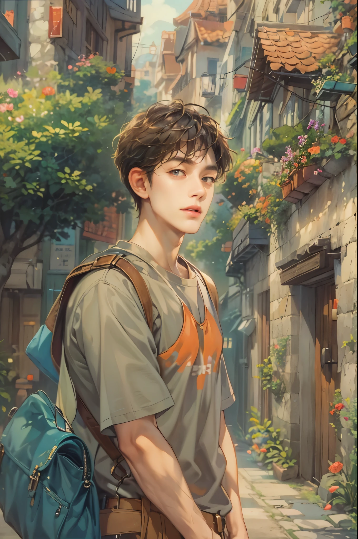 ((Best quality)), ((masterpiece)), (detailed), ((perfect face)), ((halfbody)) handsome face, male, teen boy,  perfect proportions , a male character hero from Ghibli anime, detailed town background, detailed scenery background 