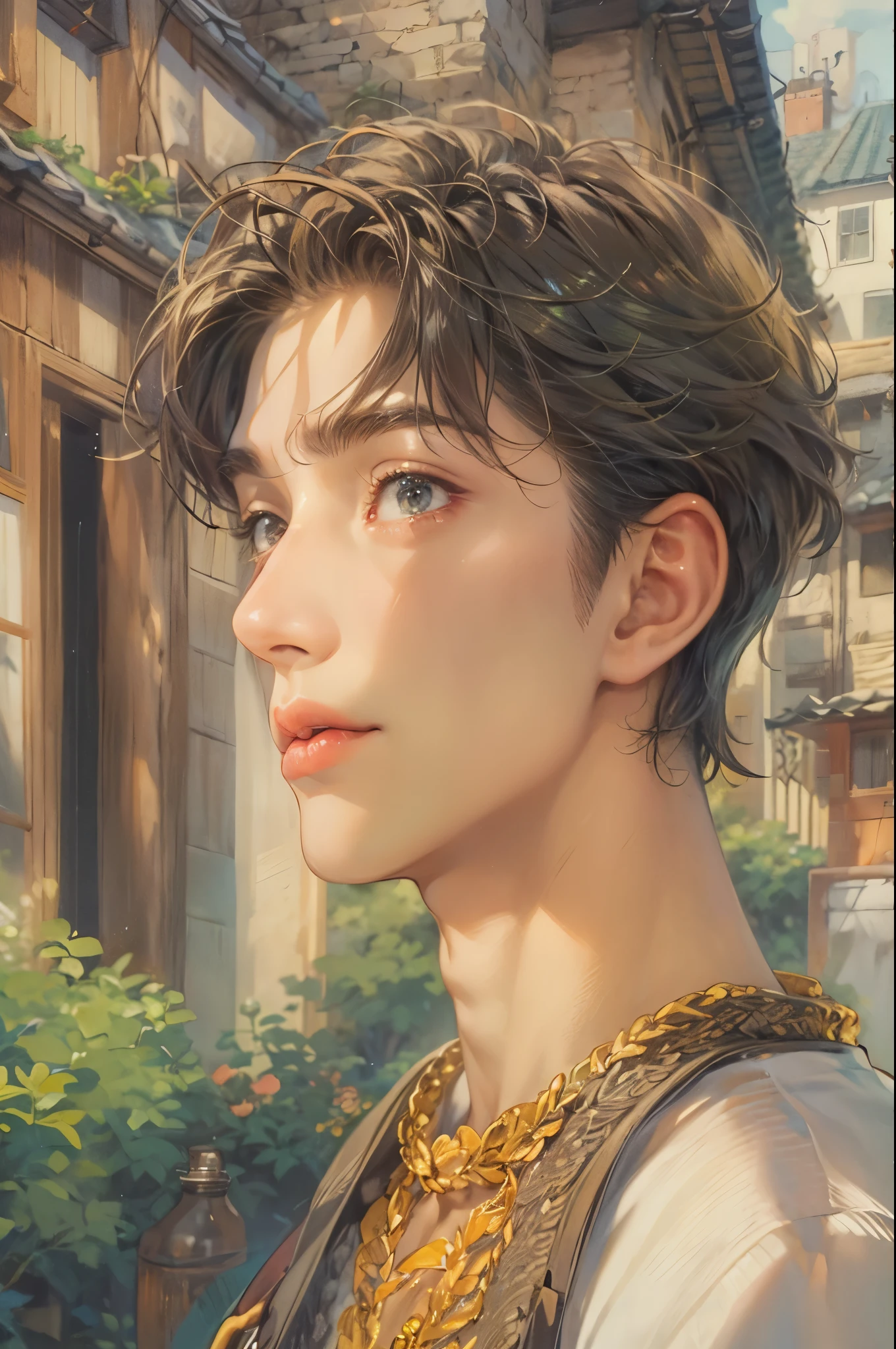 ((Best quality)), ((masterpiece)), (detailed), ((perfect face)), ((halfbody)) handsome face, male, teen boy, perfect proportions , a male character hero from Ghibli anime, detailed town background, detailed scenery background