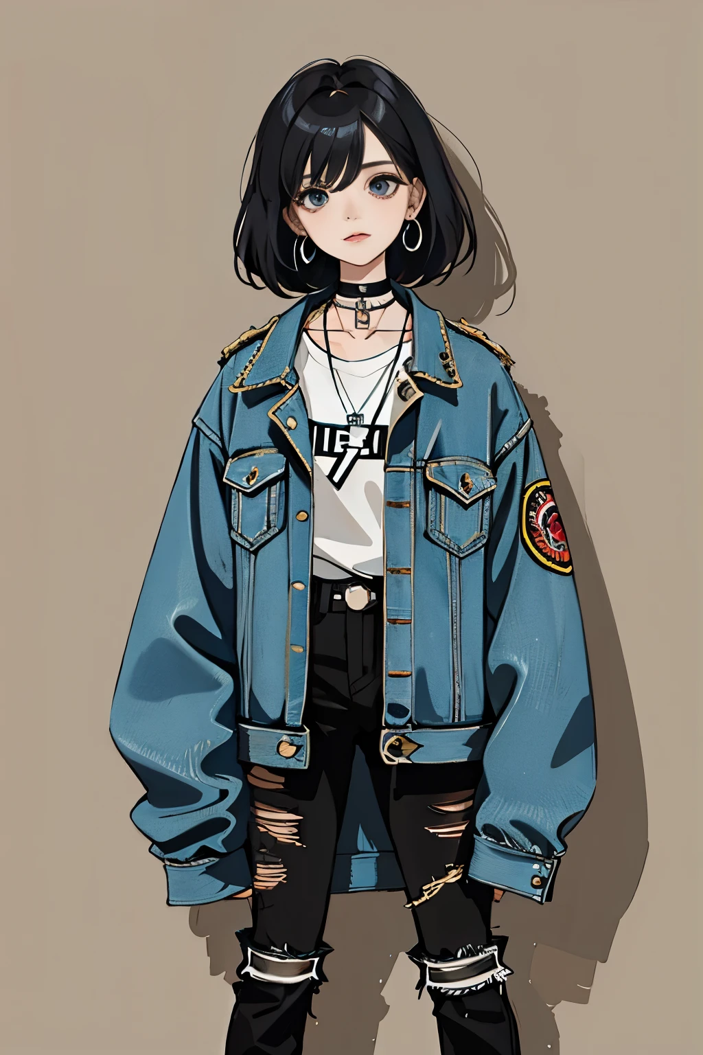 (masterpiece:1.2, highest quality), (1 female, alone, Upper body:1.2), hair: Circular cut, clothing: extra large, Distressed denim jacket with patches and pins, Paired with black skinny jeans and combat boots, accessories: silver hoop earrings and black choker necklace, blue background