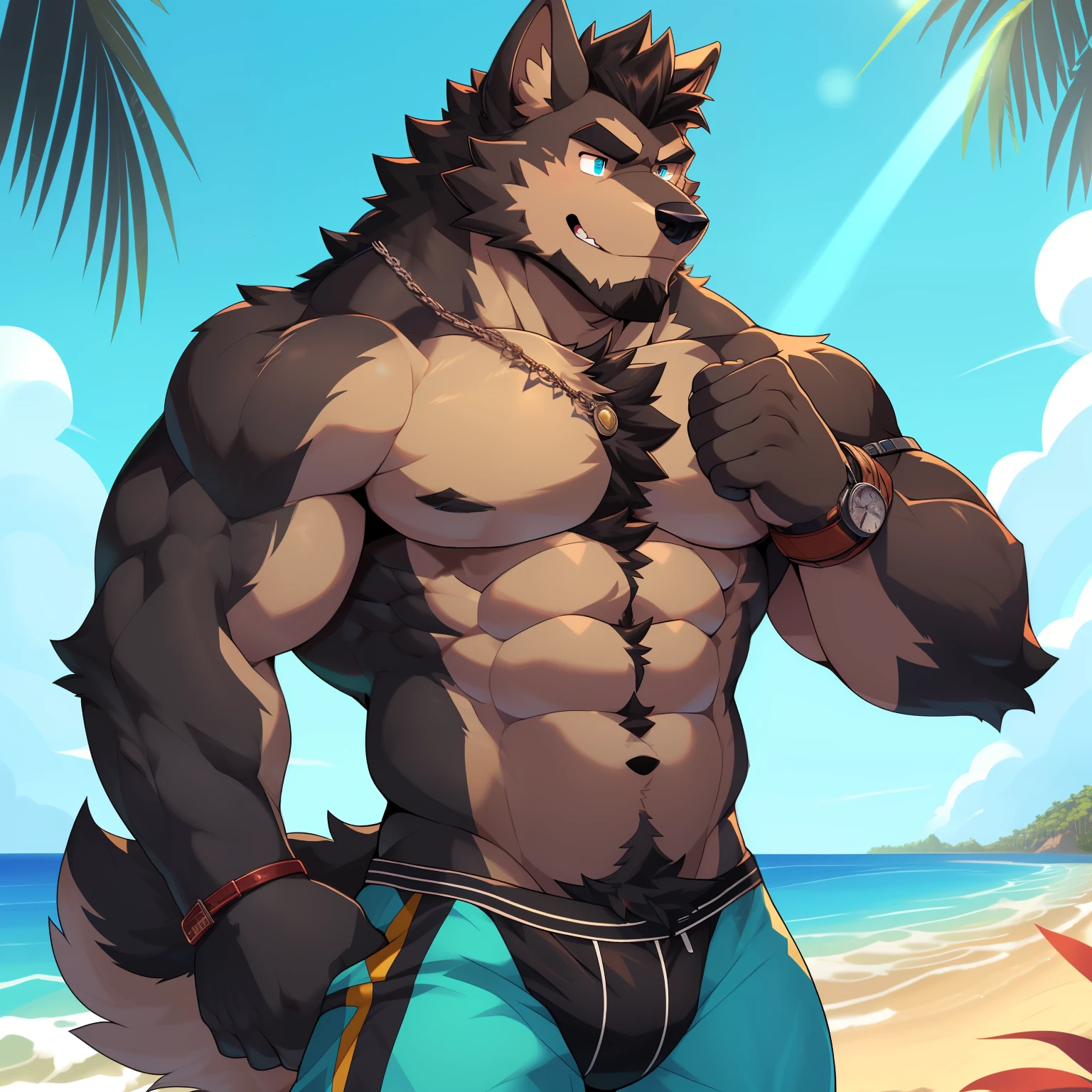 ((cel-shading, portrait, full body, bright beach background, light color palette, global lighting)), 1boy, abs, bara, bare shoulders, (black hair, body hair, copious luxuriant bushy far-reaching black chest hair, bushy black fur all over chest, hairier chest than possible), clothing cutout, cuffs, dark skinned male, thick facial hair, handcuffs, jewelry, large pectorals, (long bushy black sideburnale focus, male, medium hair, slim, muscular, muscular male, navel, pectorals, short hair, sideburns, solo, stomach, stubble, thick thighs, (cyan tight capris), thighs, tight, watch, (wolf, pubes,c hair, happy-trail, treasure-trail, copious luxuriant bushy far-reaching black nether-hair, very hairy snatch, widing strip), well defined eyes, bold black irises, big eyes