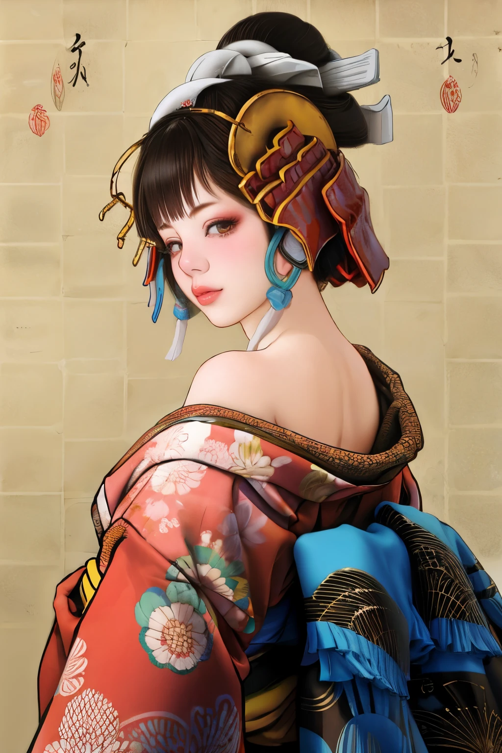 1 girl, alone, Oiran, maiko, looking at the viewer, short hair, brown eyes, brown hair, black hair, hair ornaments, Upper body, kimono, dull bangs, kimono, sash, compensate, bob cut, bare shoulders,
 